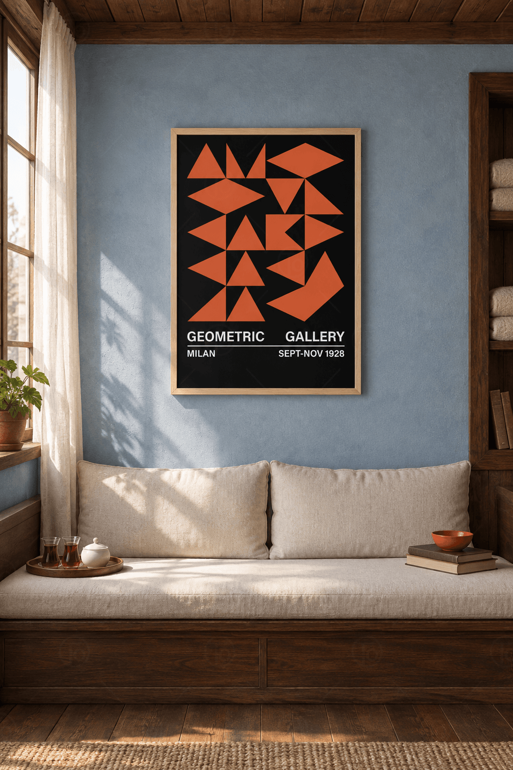 Ahşap çerçeveli geometrik poster tablosu — siyah zeminde farklı yönlere bakan kiremit üçgenler, iki baklava ve V biçimi