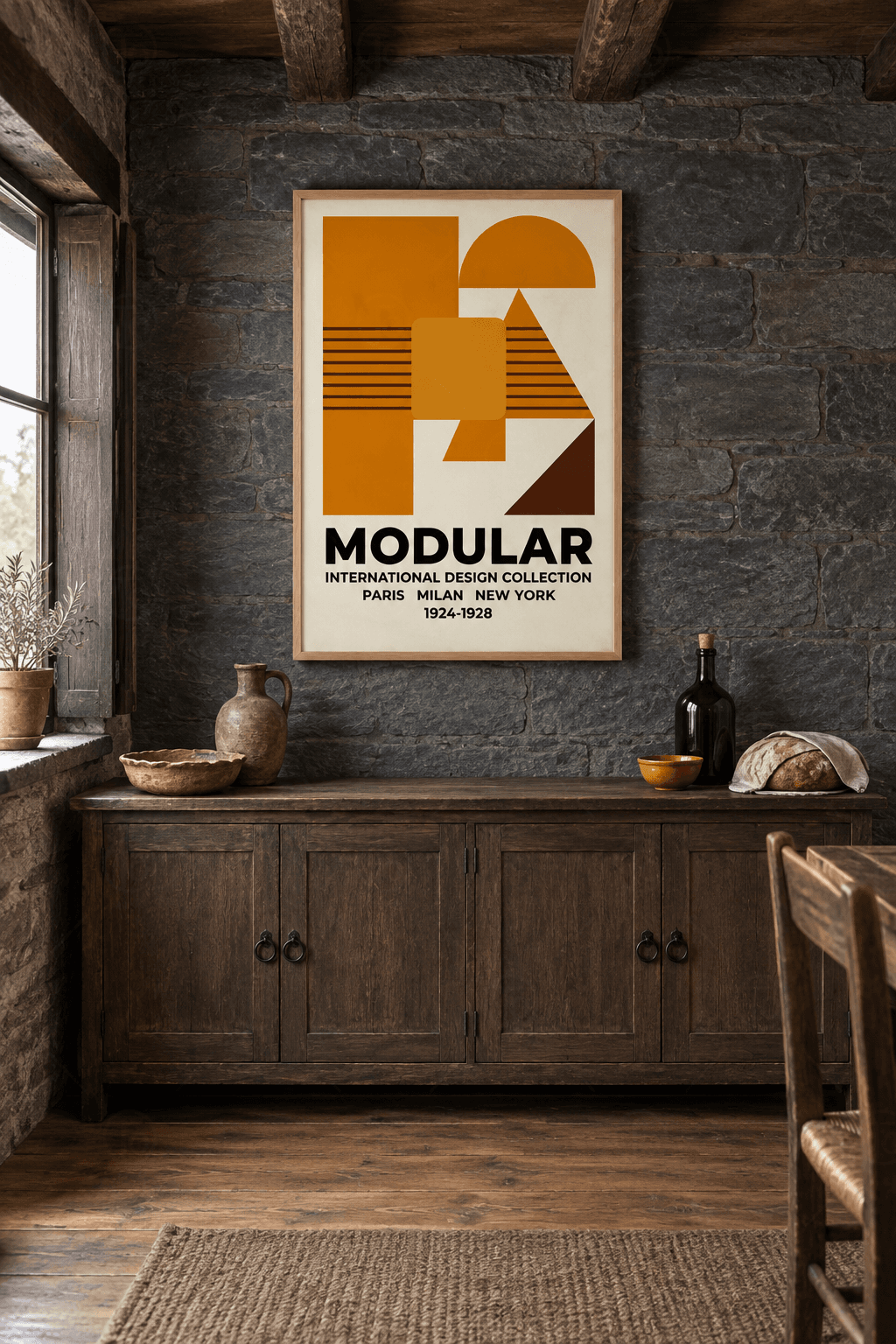 Ahşap çerçeveli modüler poster tablosu — krem zeminde turuncu bloklar, yarım daire, enine kahve çizgiler ve köşe üçgeni