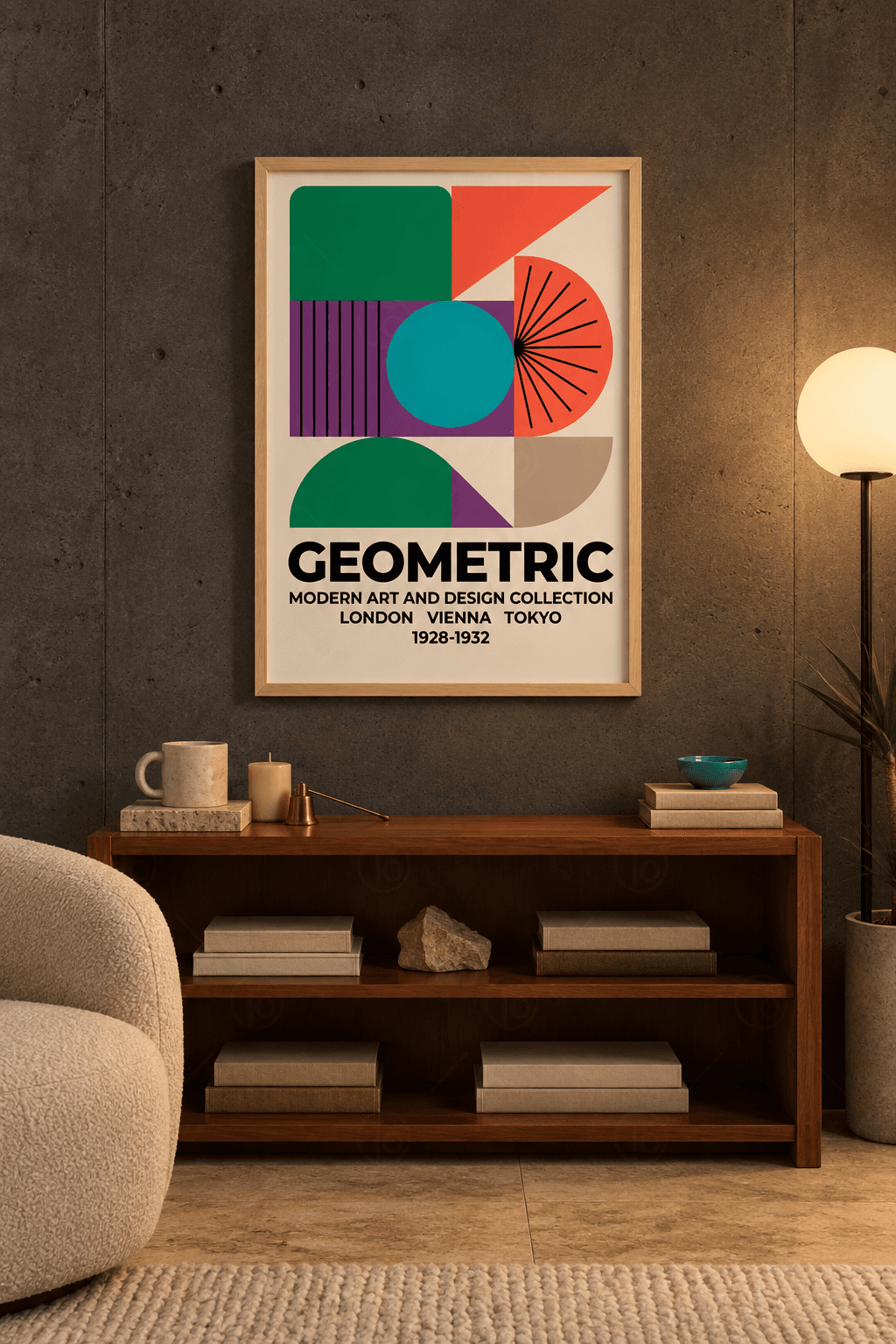 Ahşap çerçeveli geometrik poster tablosu — krem zeminde turkuaz daire, mor blok, ışınlı mercan yarım daire, yeşil bloklar