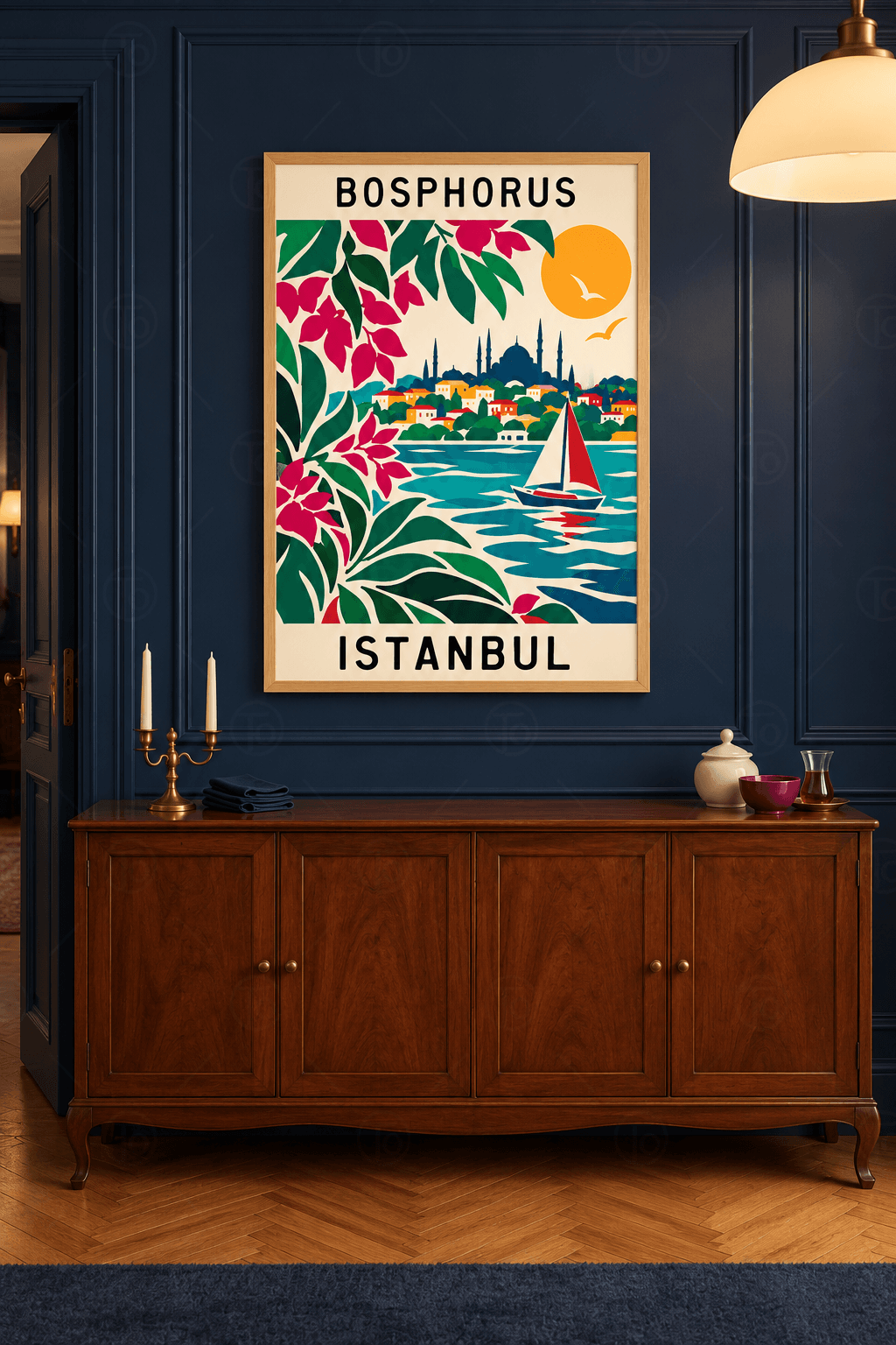 Ahşap çerçeveli İstanbul tablosu — begonvil dalları arasından turkuaz deniz, kırmızı yelkenli ve kubbeli tarihî siluet