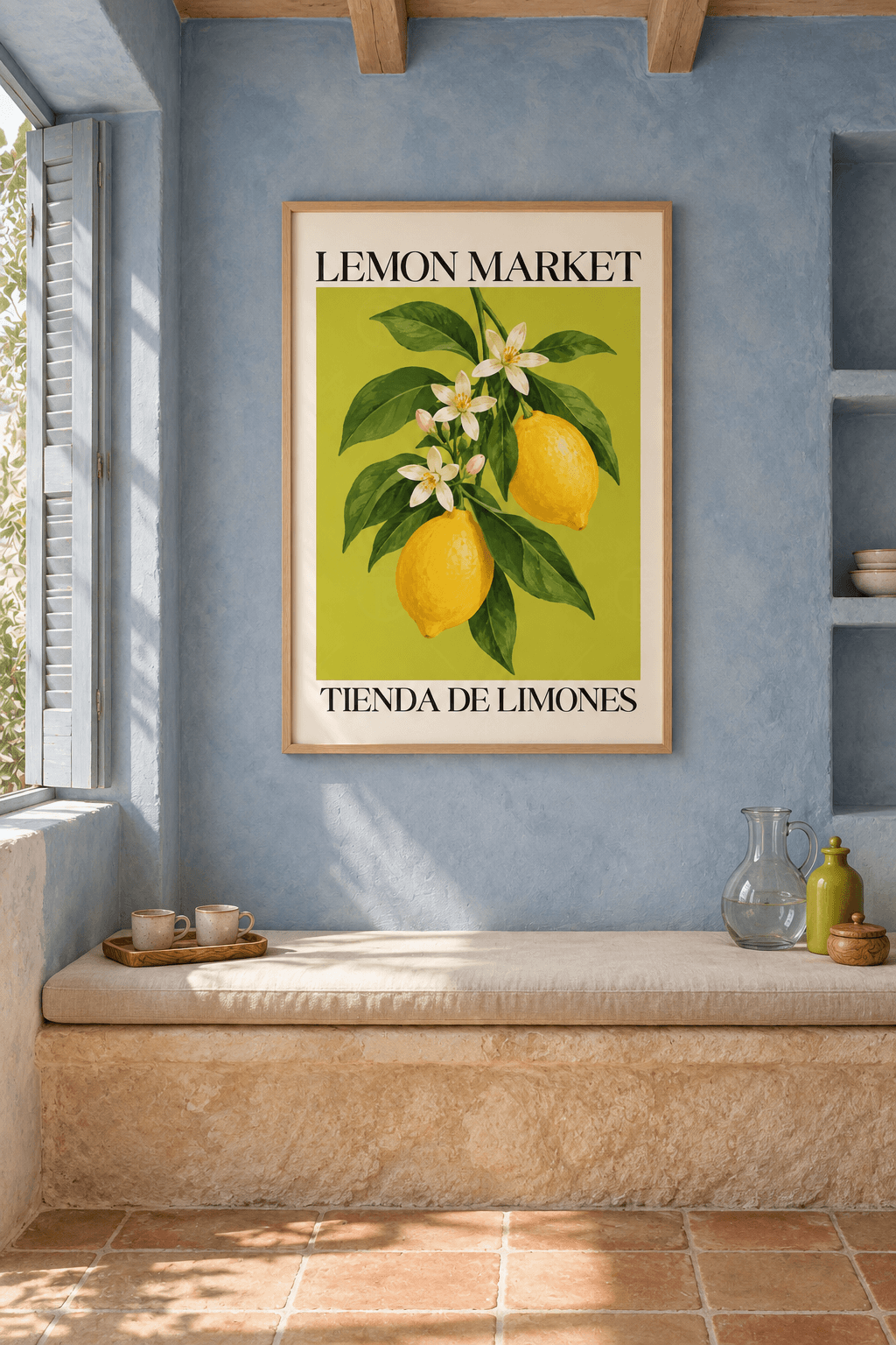 Ahşap çerçeveli limon dalı tablosu — fıstık yeşili zeminde iki sarı limon, beyaz çiçekler ve koyu yeşil yapraklar