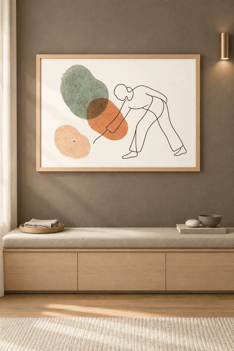 Ahşap çerçeveli line art tablosu — krem zeminde öne eğilen tek çizgi figür ve adaçayı, kiremit lekeler