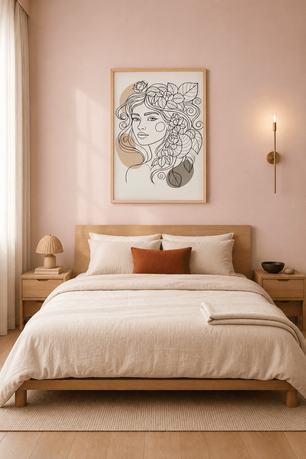 Ahşap çerçeveli line art tablo — krem zeminde tek çizgi kadın portresi ve çiçeklere dönüşen saçlar