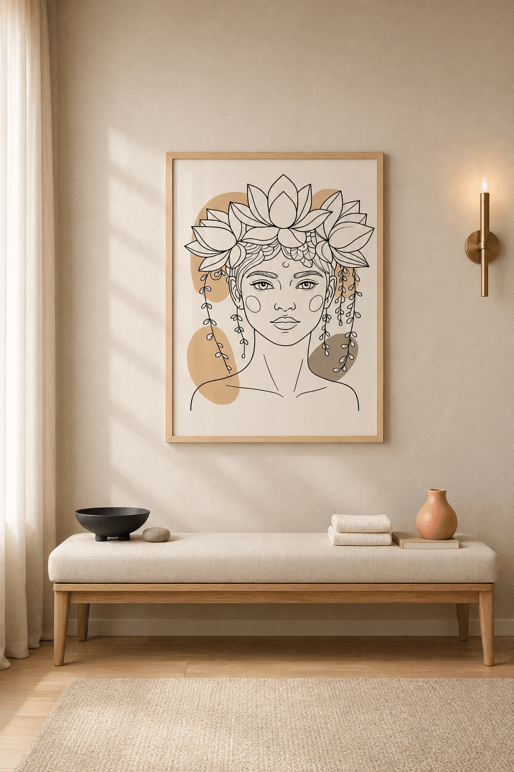 Ahşap çerçeveli line art tablo — krem zeminde lotus çiçeği taçlı çizgisel kadın portresi