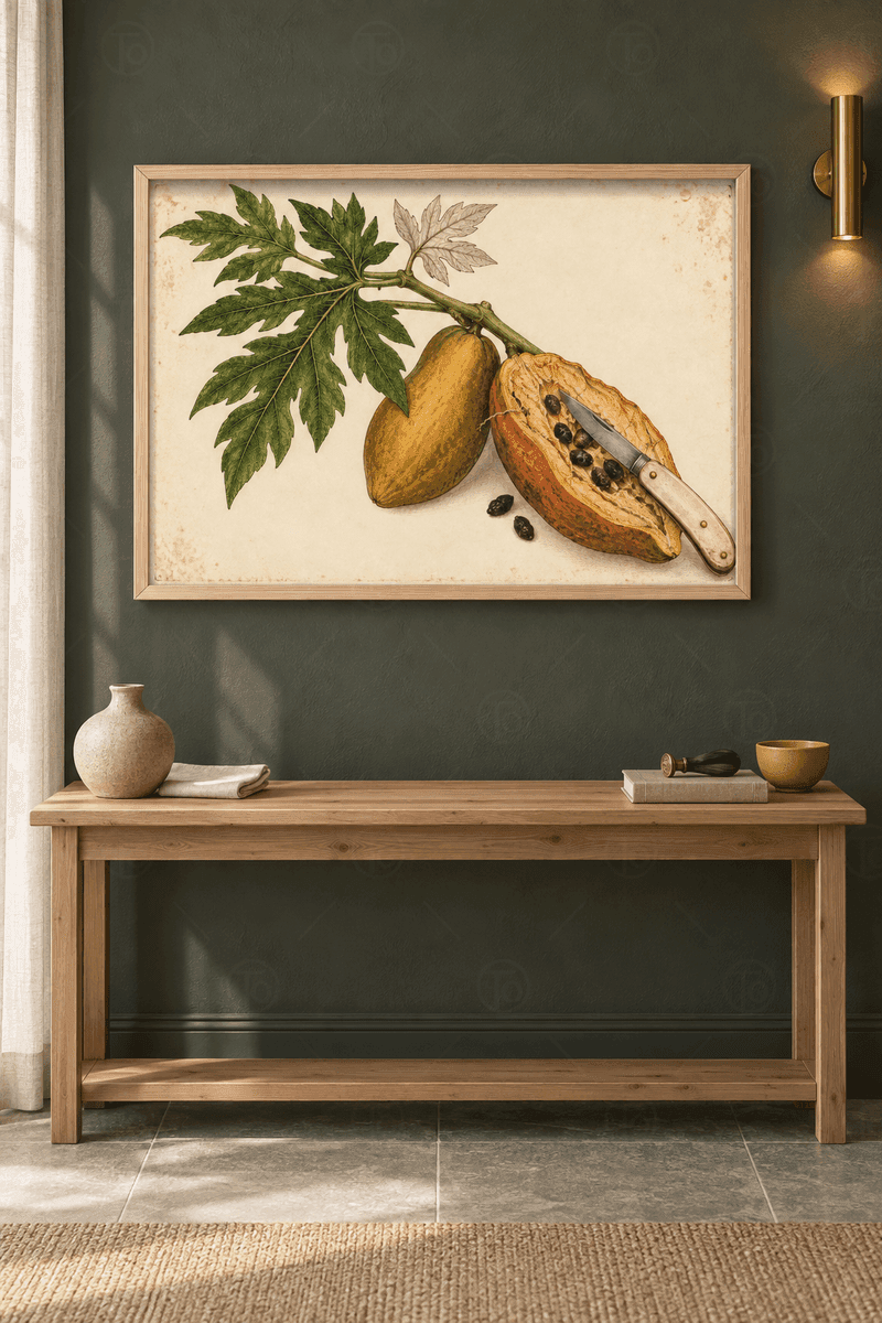 Ahşap çerçeveli papaya tablosu — krem kâğıtta bütün ve kesilmiş papaya, siyah çekirdekler ve kemik saplı çakı