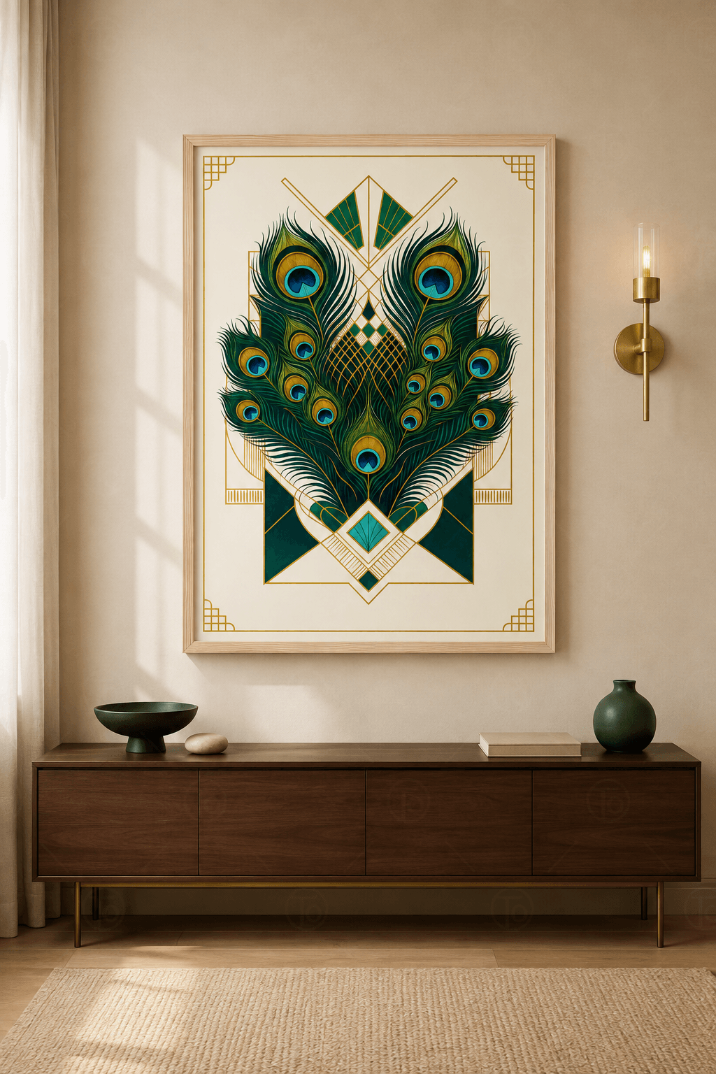 Ahşap çerçeveli art deco tablo — altın çerçeve içinde zümrüt tavus tüyleri ve geometrik desenler