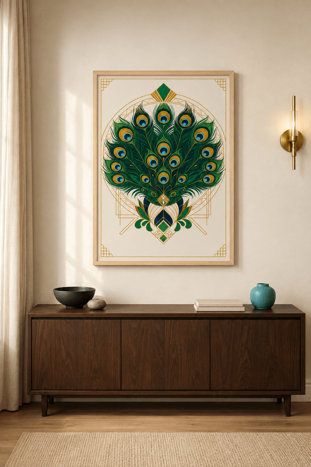 Ahşap çerçeveli art deco tablo — altın dairesel madalyon içinde zümrüt tavus tüyleri ve simetrik süslemeler