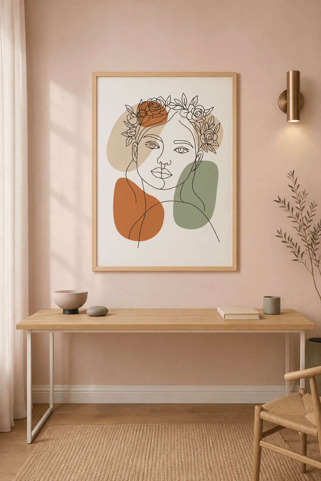 Ahşap çerçeveli line art tablo — krem zeminde tek çizgi kadın portresi, saçında turuncu gül ve organik renk lekeleri