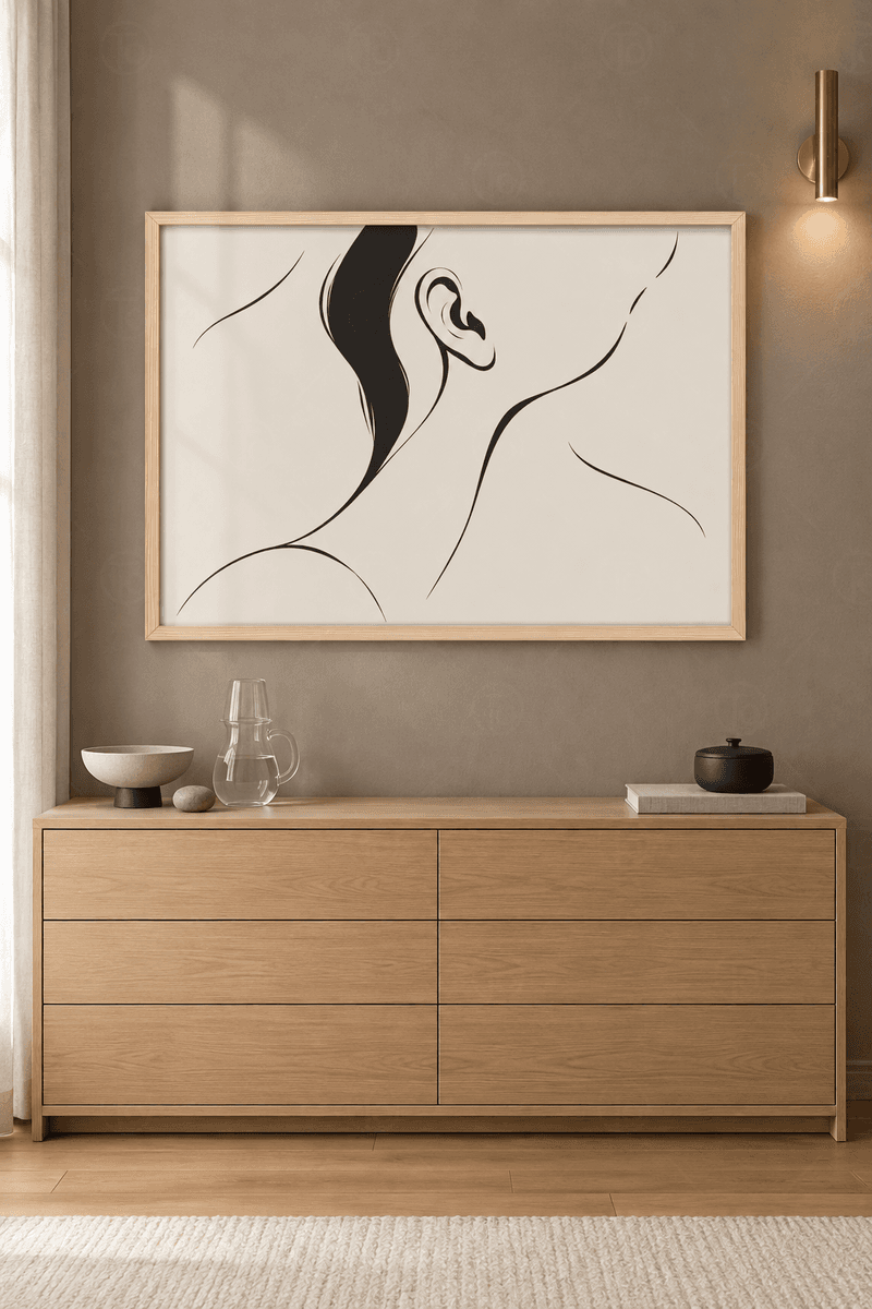 Ahşap çerçeveli line art tablosu — sıcak bej zeminde tek çizgiyle kurulmuş ense, kulak, omuz ve siyah saç dalgası