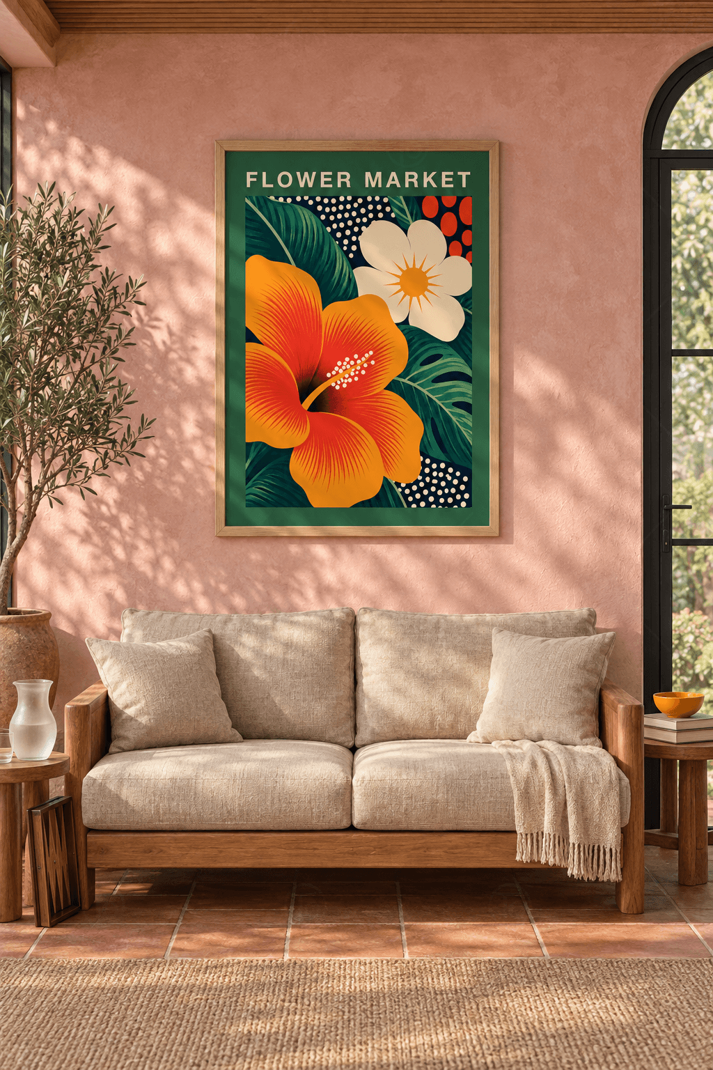 Ahşap çerçeveli hibiskus tablosu — yeşil kenar bandı içinde turuncu hibiskus, krem çiçek, monstera ve puantiyeli alanlar