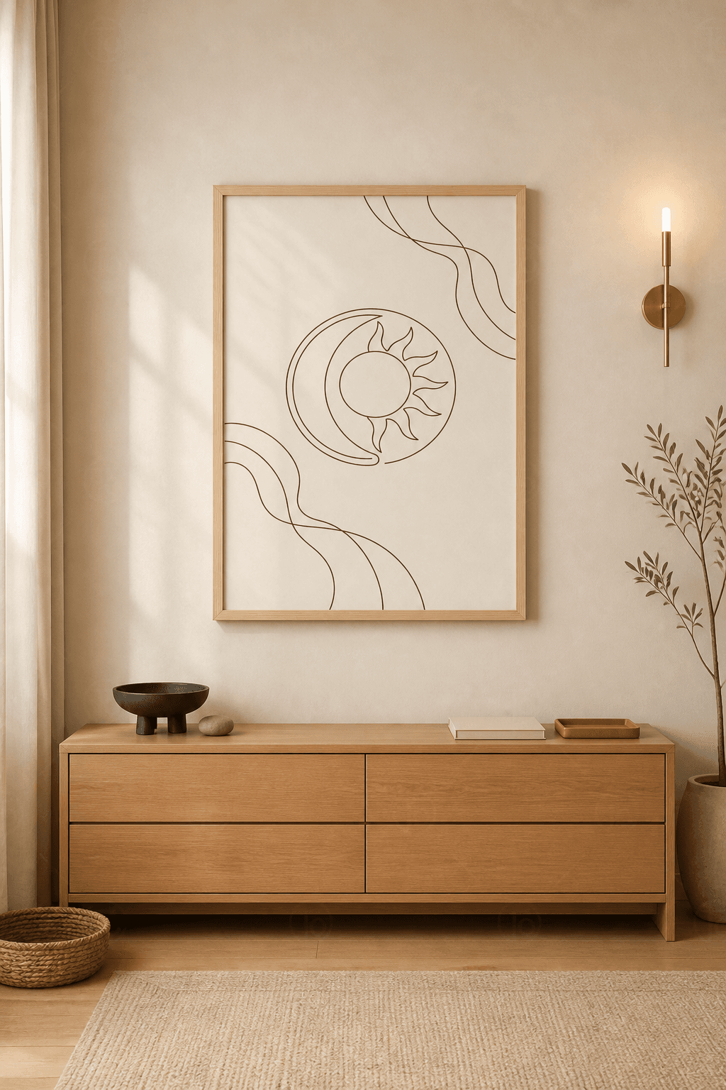 Ahşap çerçeveli line art tablo — krem zeminde tek çizgiyle çizilmiş güneş, hilal ay ve dalga hatları