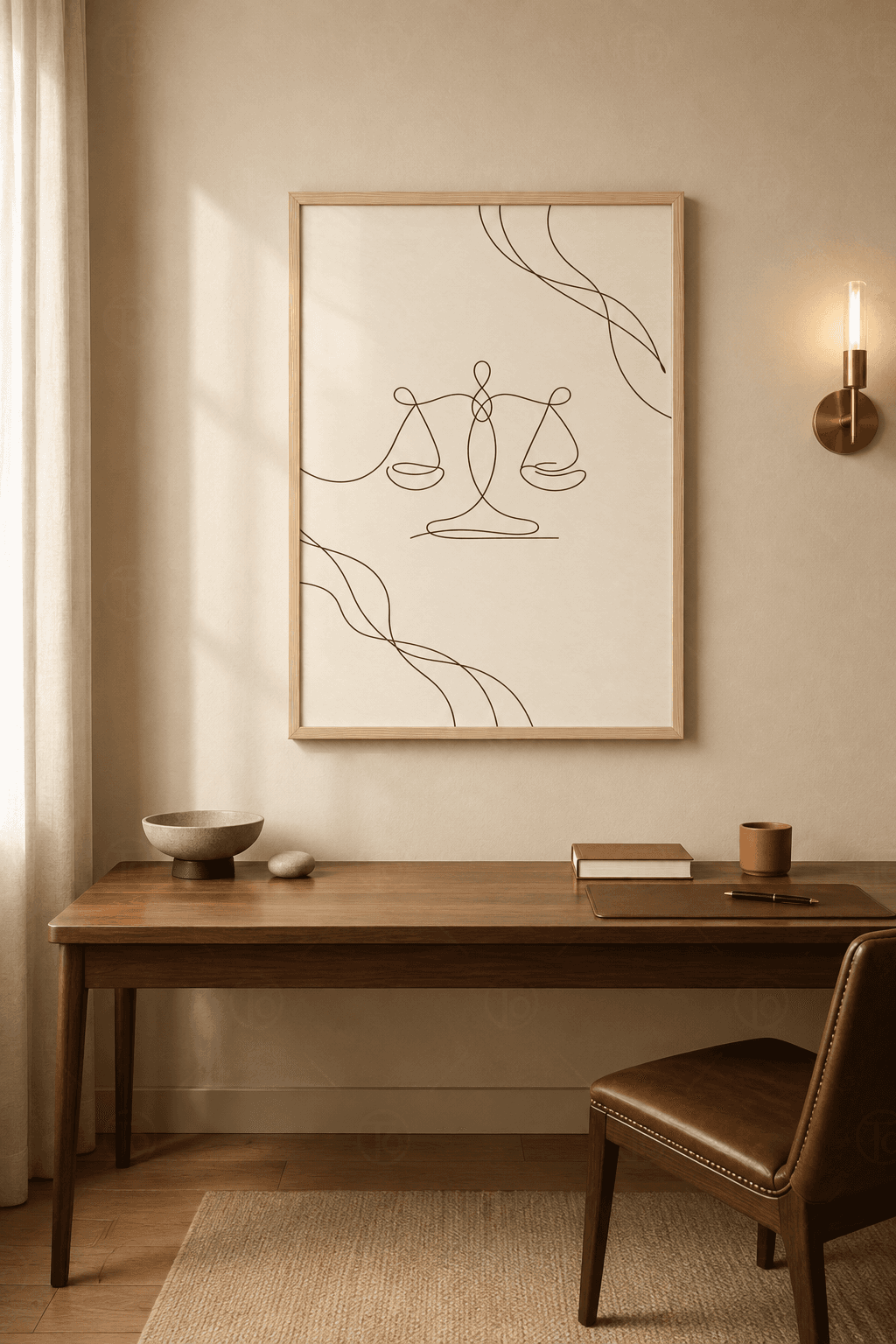 Ahşap çerçeveli line art tablo — krem zeminde tek çizgiyle çizilmiş simetrik terazi formu ve dalga hatları