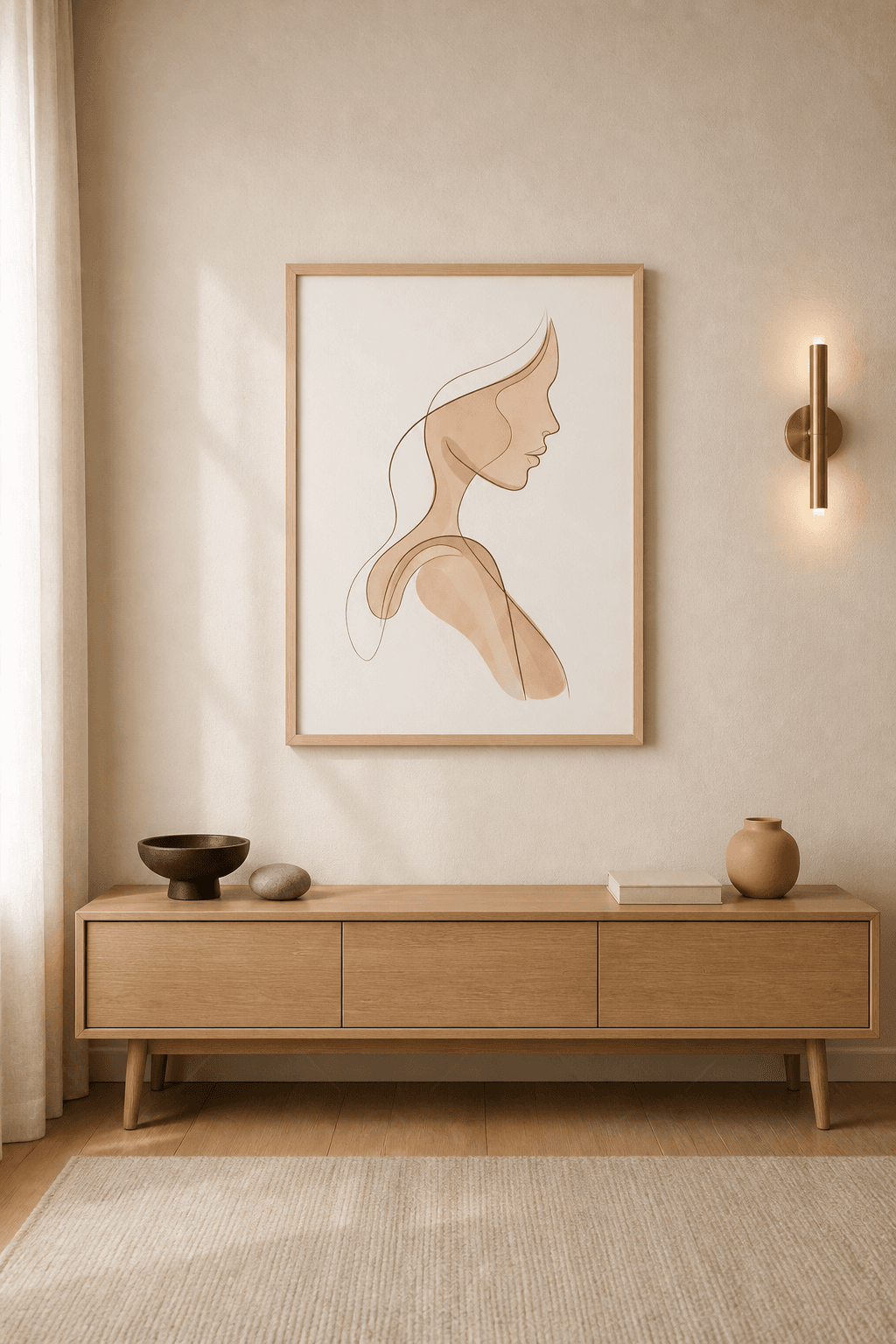 Ahşap çerçeveli line art tablo — kırık beyaz zeminde somon tonlarında tek çizgi kadın profili