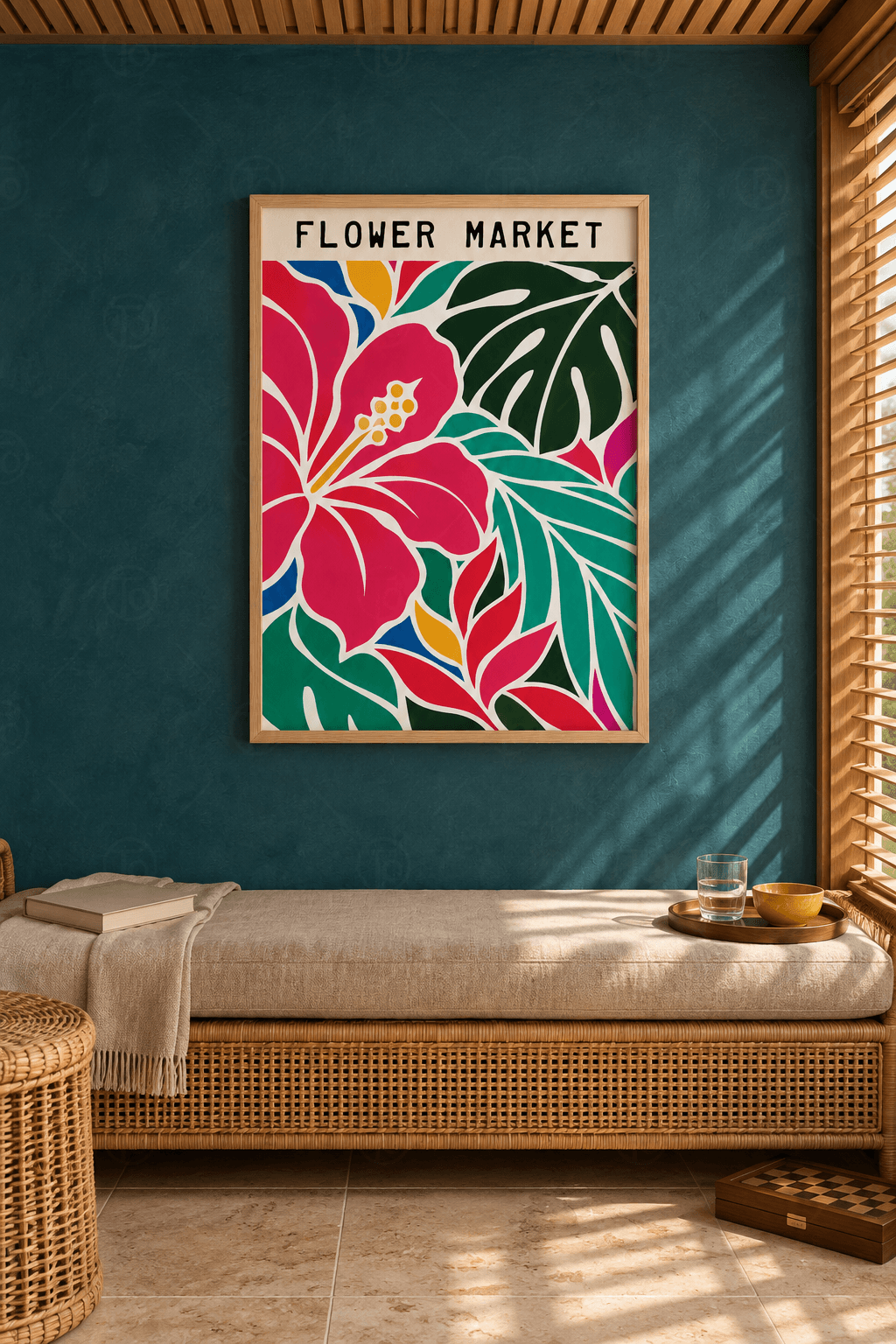 Ahşap çerçeveli hibiskus tablosu — beyaz konturlu düz renklerle koyu pembe hibiskus, koyu yeşil monstera, zümrüt yapraklar