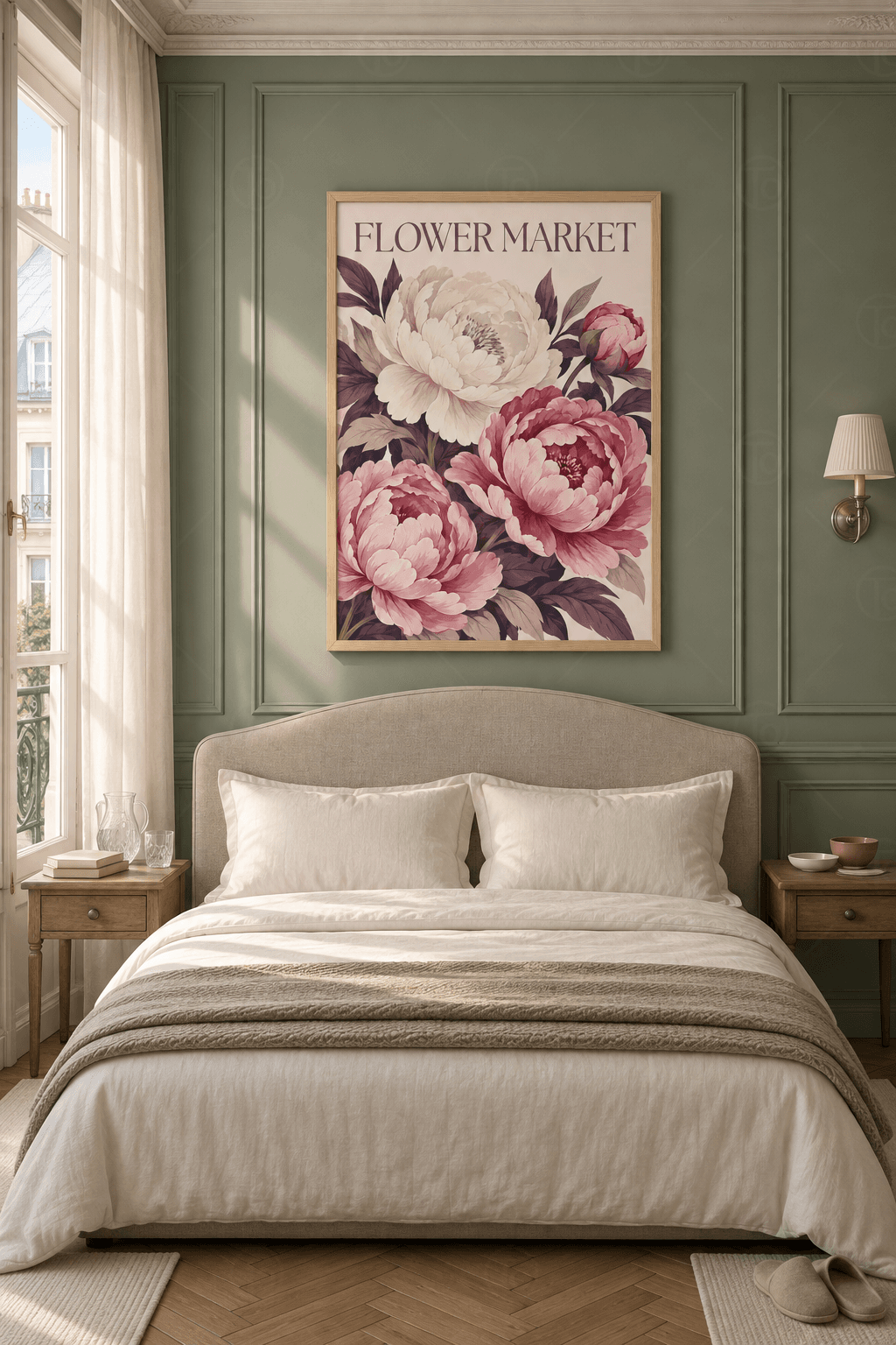 Ahşap çerçeveli şakayık tablosu — açık pembe zeminde krem ve pembe vintage şakayıklar, pembe tomurcuk ve mürdüm yapraklar