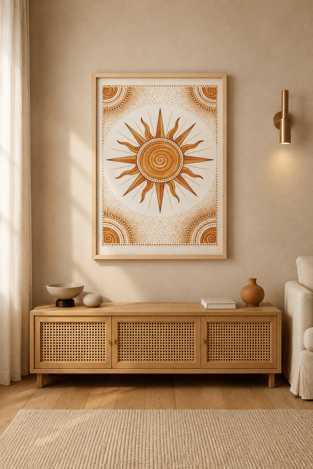 Ahşap çerçeveli boho tablo — krem zeminde terrakota noktalı güneş madalyonu ve spiral motifler