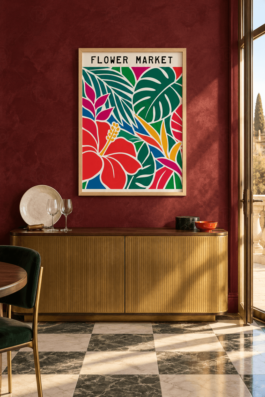 Ahşap çerçeveli hibiskus tablosu — sol altta kırmızı hibiskus, sağ üstte zümrüt monstera, fuşya ve sarı sivri yapraklar