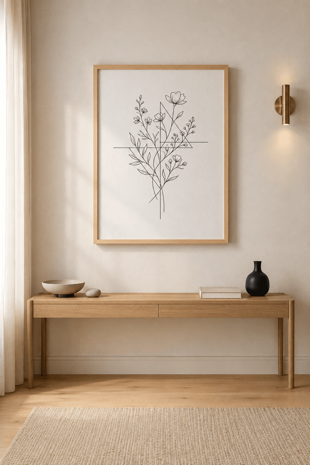 Ahşap çerçeveli line art tablo — kırık beyaz zeminde ince çizgi kır çiçeği buketi ve geometrik hatlar