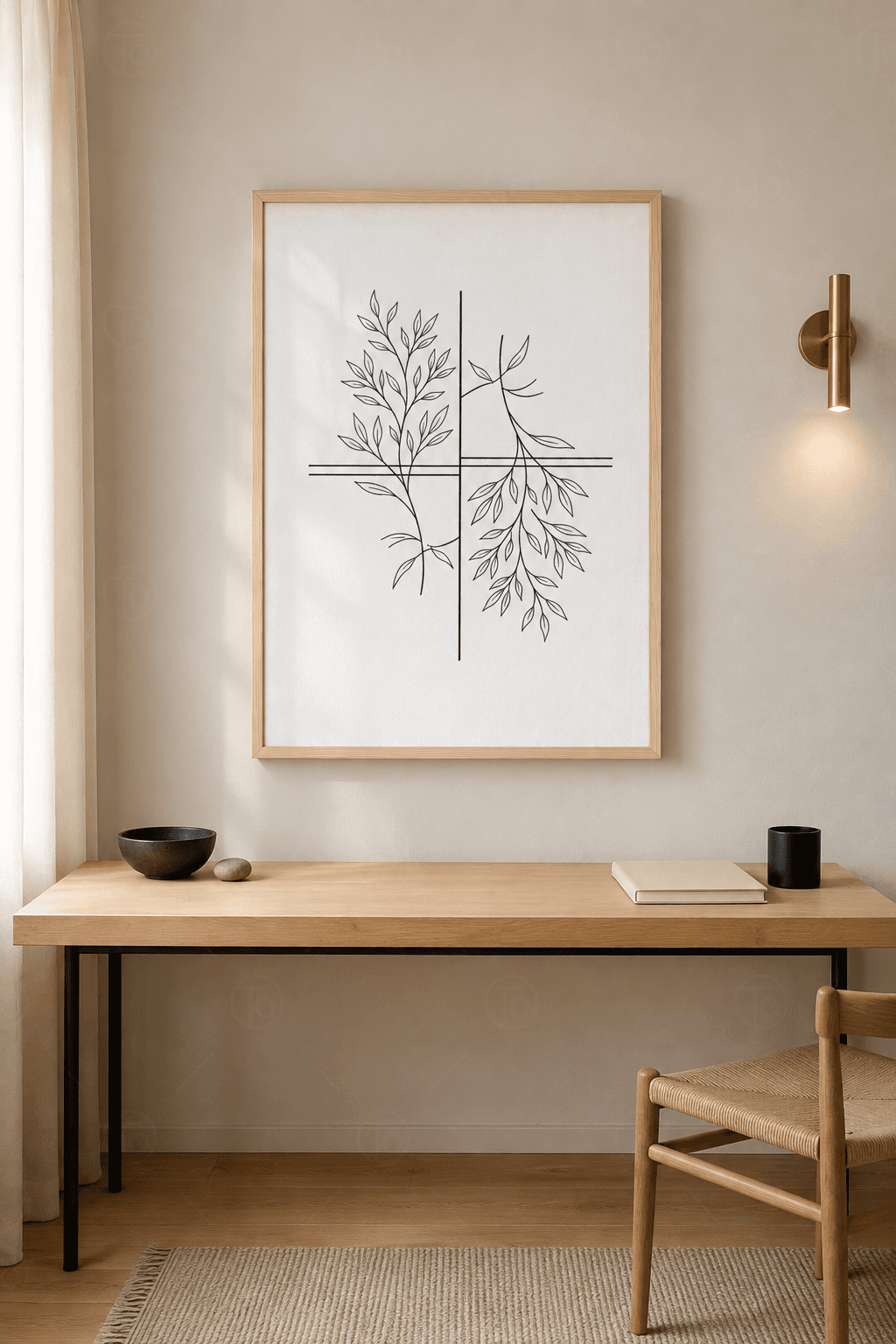 Ahşap çerçeveli line art tablo — kırık beyaz zeminde ince çizgi yaprak dalları ve geometrik hatlar