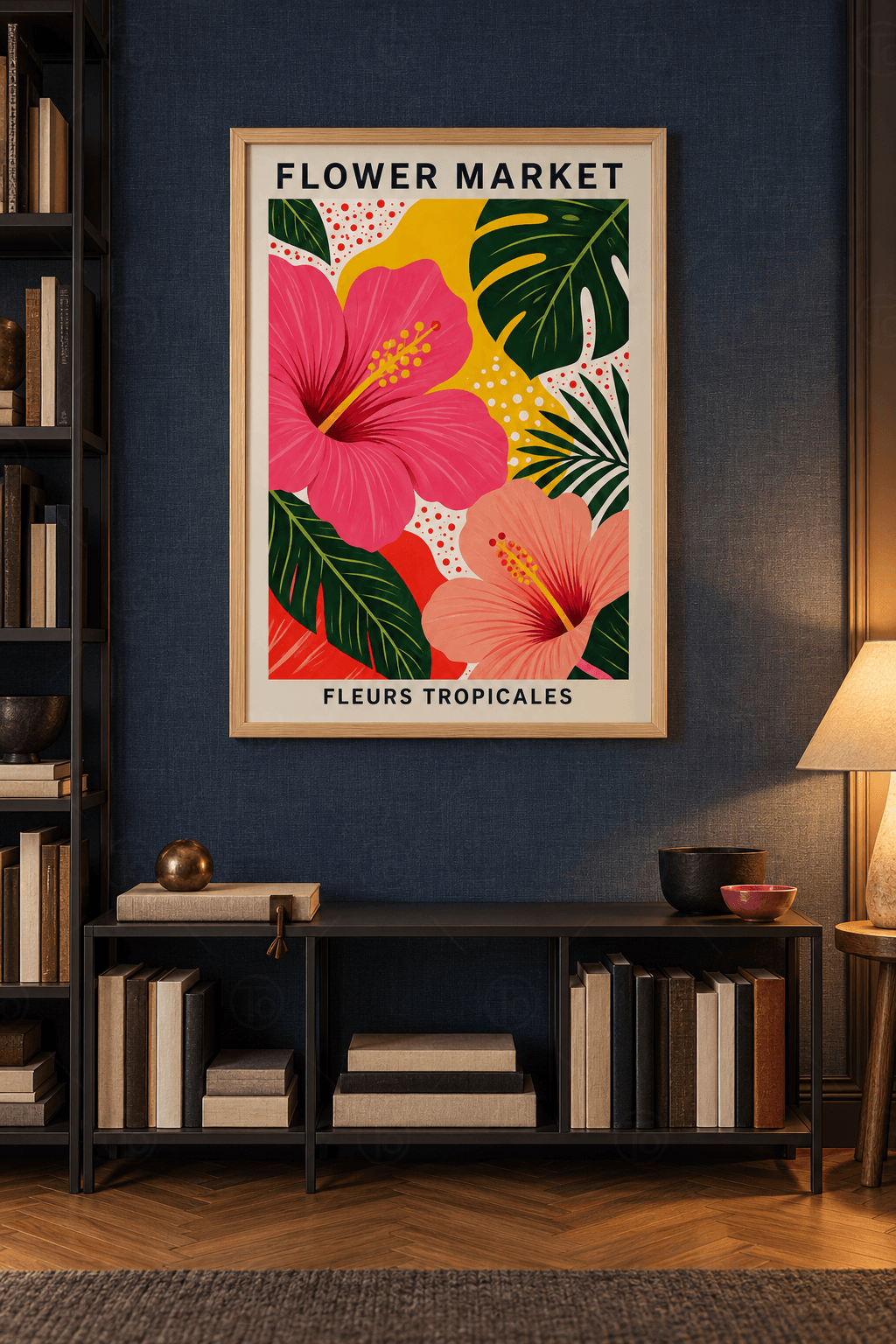Ahşap çerçeveli hibiskus tablosu — fuşya ve somon iki hibiskus, koyu yeşil monstera ve palmiye yaprakları