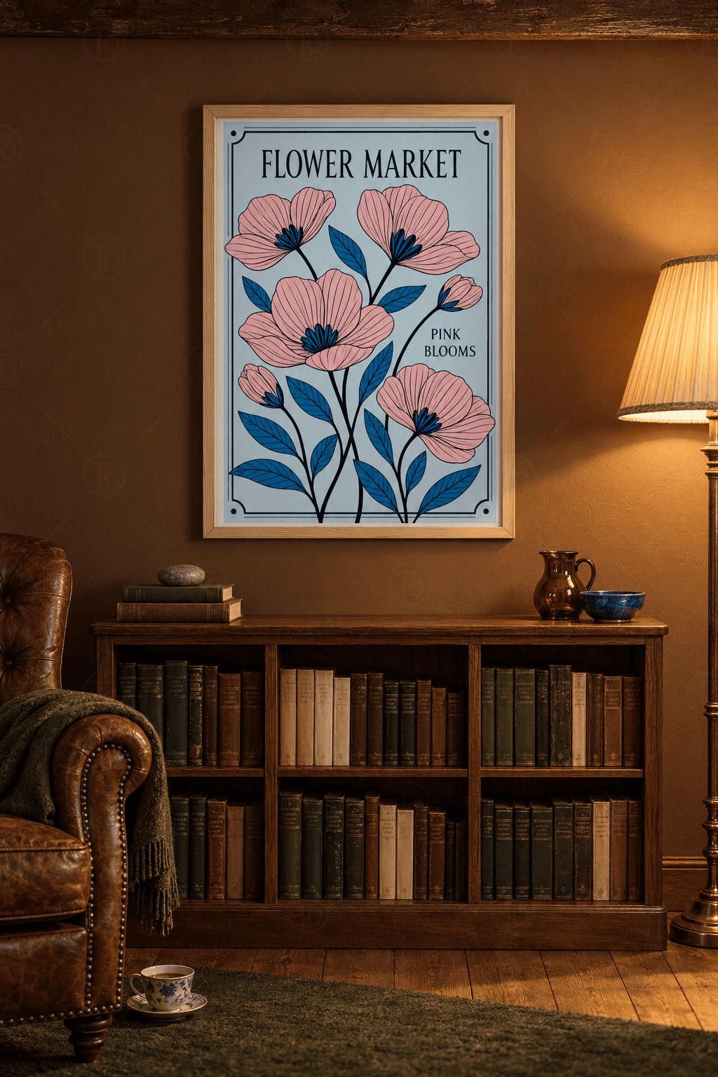Ahşap çerçeveli pembe çiçek tablosu — buz mavisi panoda lacivert ercikli damarlı pembe çiçekler ve mavi yapraklar