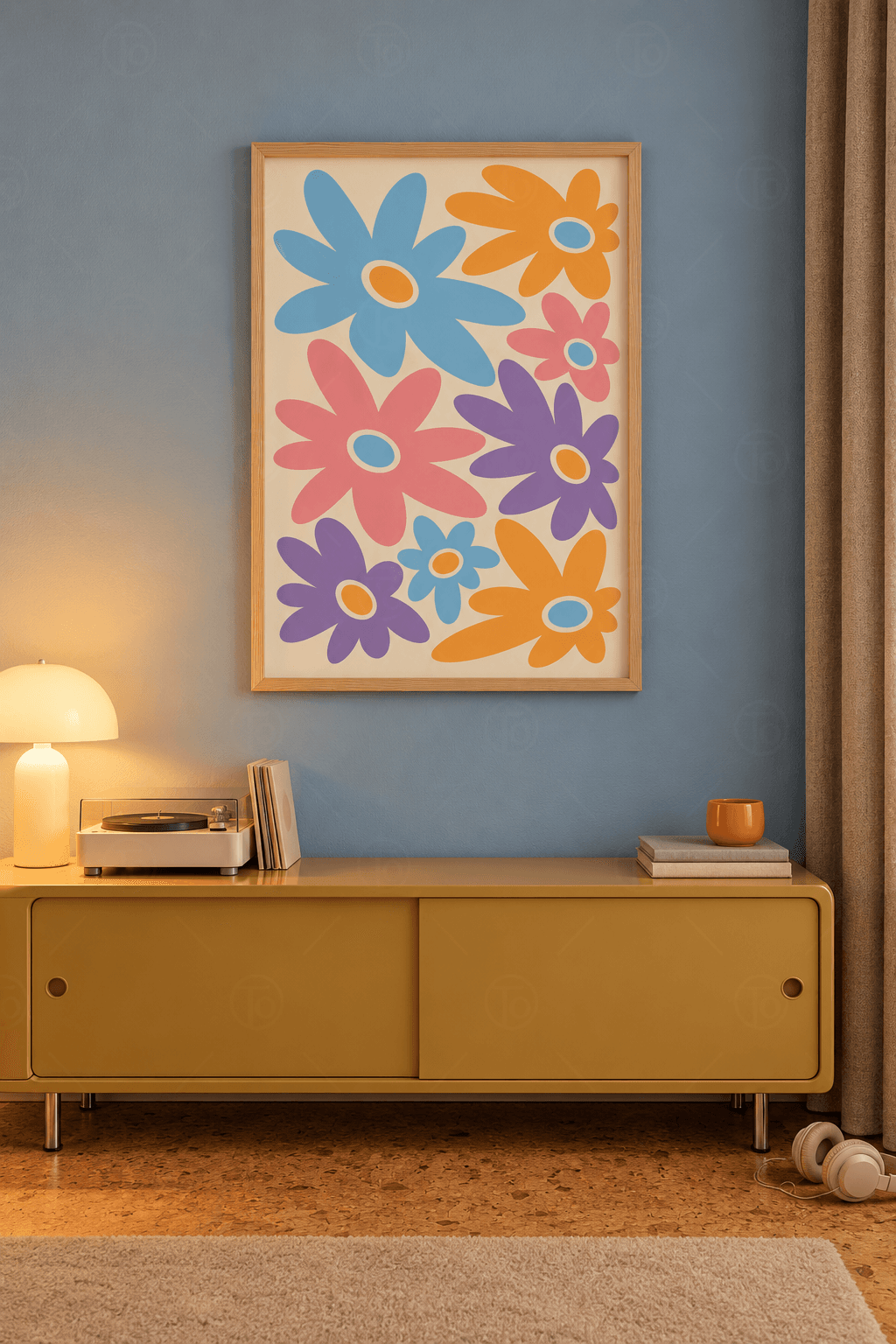 Ahşap çerçeveli pastel çiçek tablosu — tereyağı sarısı zeminde mavi, pembe, mor ve turuncu sekiz retro çiçek