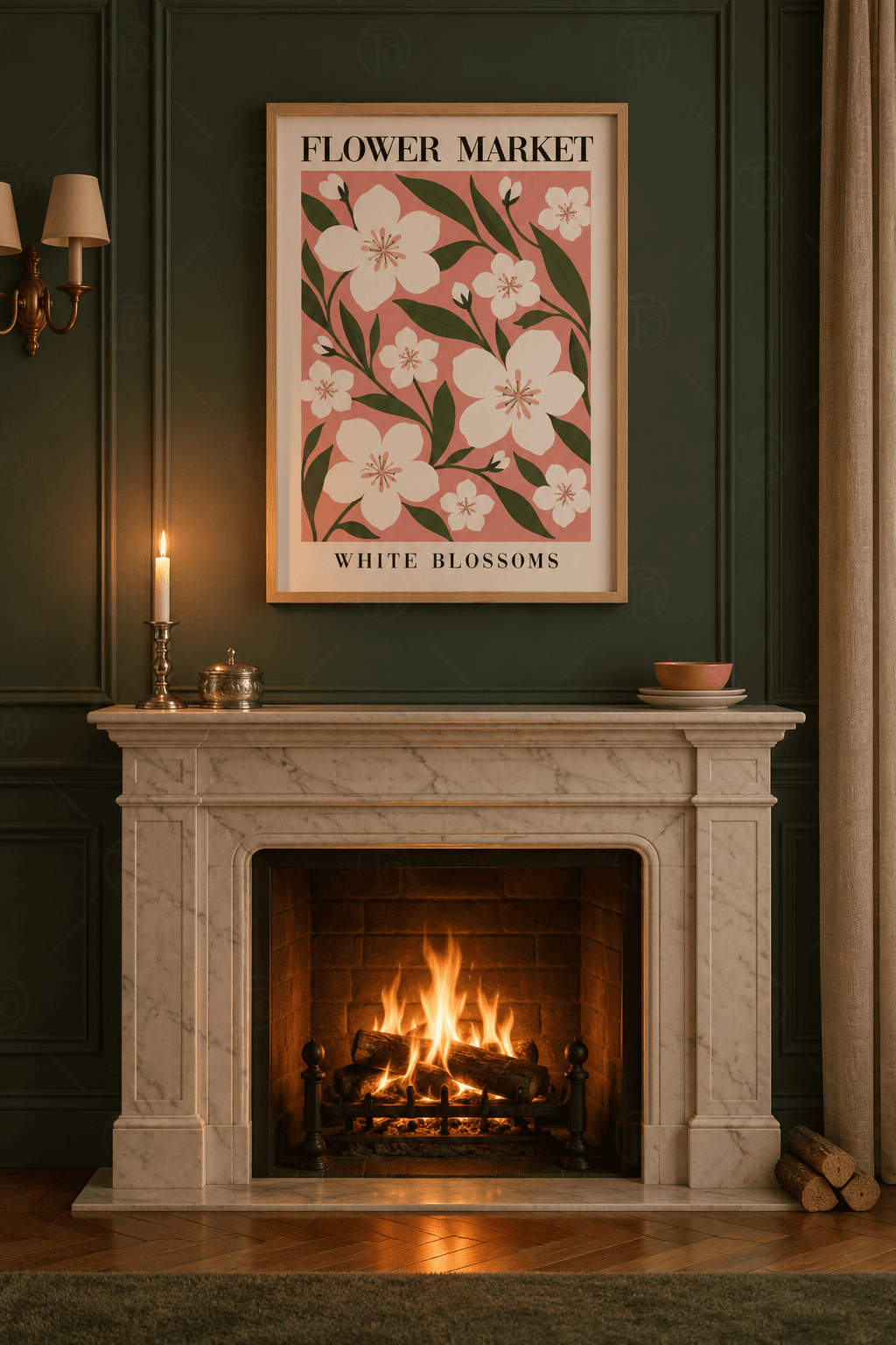 Ahşap çerçeveli beyaz çiçek tablosu — gül pembesi panoda pembe ercikli beyaz çiçekler ve zeytin yeşili uzun yapraklar