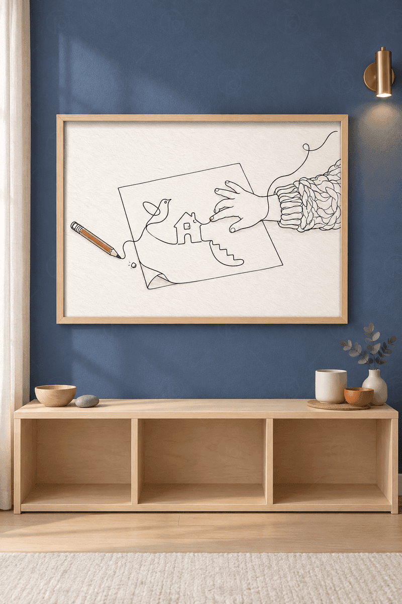 Ahşap çerçeveli line art tablosu — kâğıt üstünde tek çizgiyle kuş ve ev, uzanan çocuk eli ve kalem