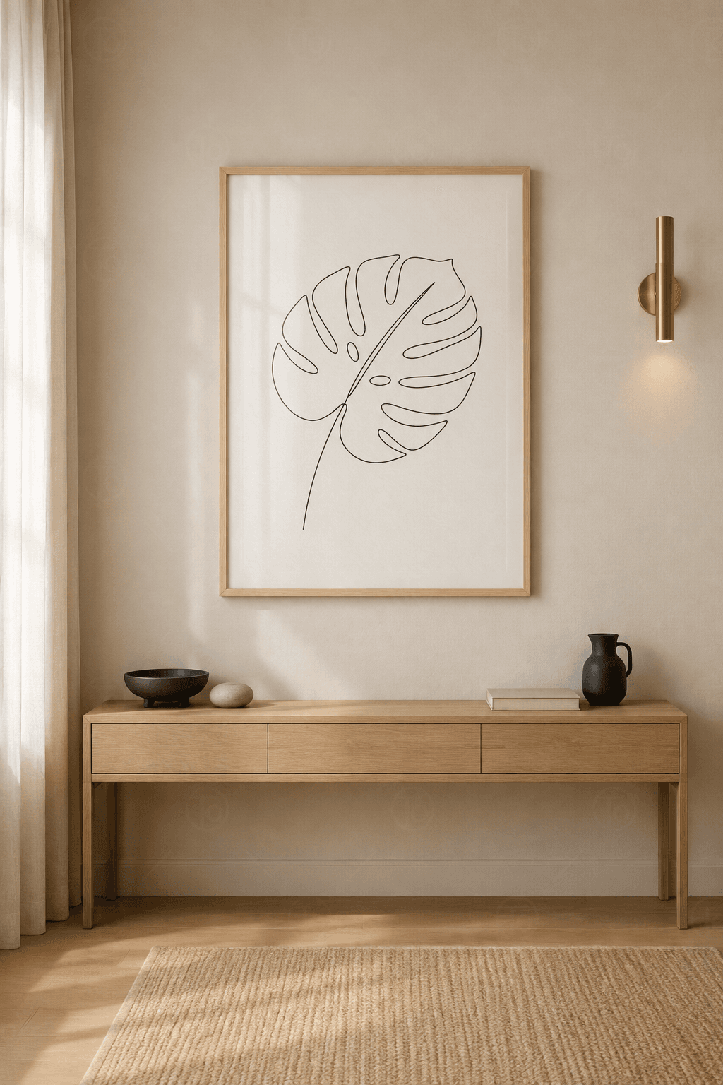 Ahşap çerçeveli line art tablo — kırık beyaz zeminde tek kesintisiz çizgiyle çizilmiş monstera yaprağı