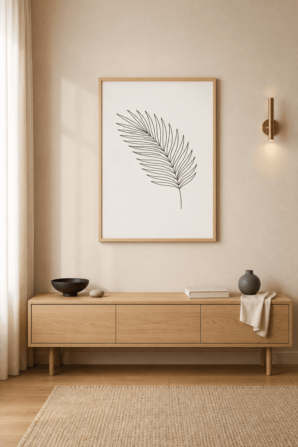 Ahşap çerçeveli line art tablo — kırık beyaz zeminde ince çizgilerle çizilmiş tüy gibi palmiye yaprağı
