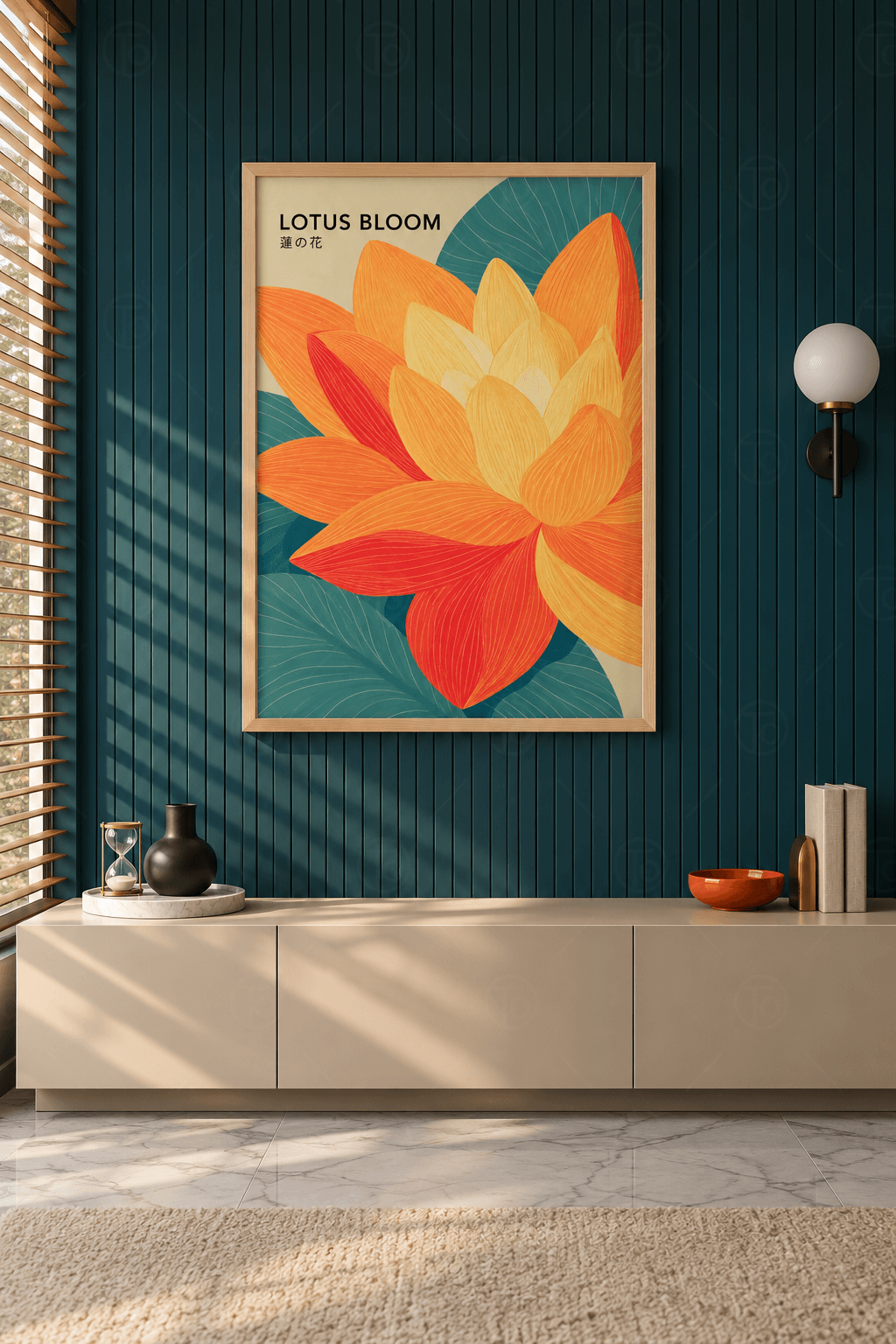 Ahşap çerçeveli lotus tablosu — petrol yeşili nilüfer yaprakları önünde katmerli turuncu-sarı lotus ve Lotus Bloom yazısı