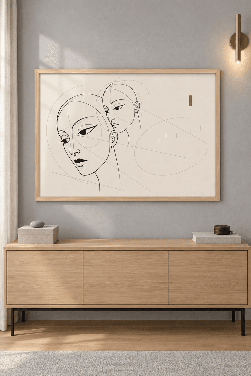 Ahşap çerçeveli line art tablosu — fildişi zeminde ince çizgiyle çizilmiş iki kadın yüzü ve soluk daire, eksen çizgileri