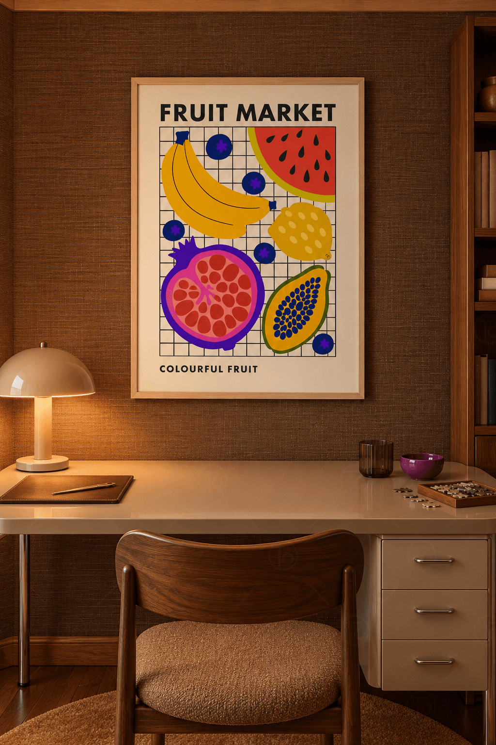 Ahşap çerçeveli meyve tablosu — siyah kareli krem zeminde muz, karpuz, limon, nar, papaya ve yaban mersinleri