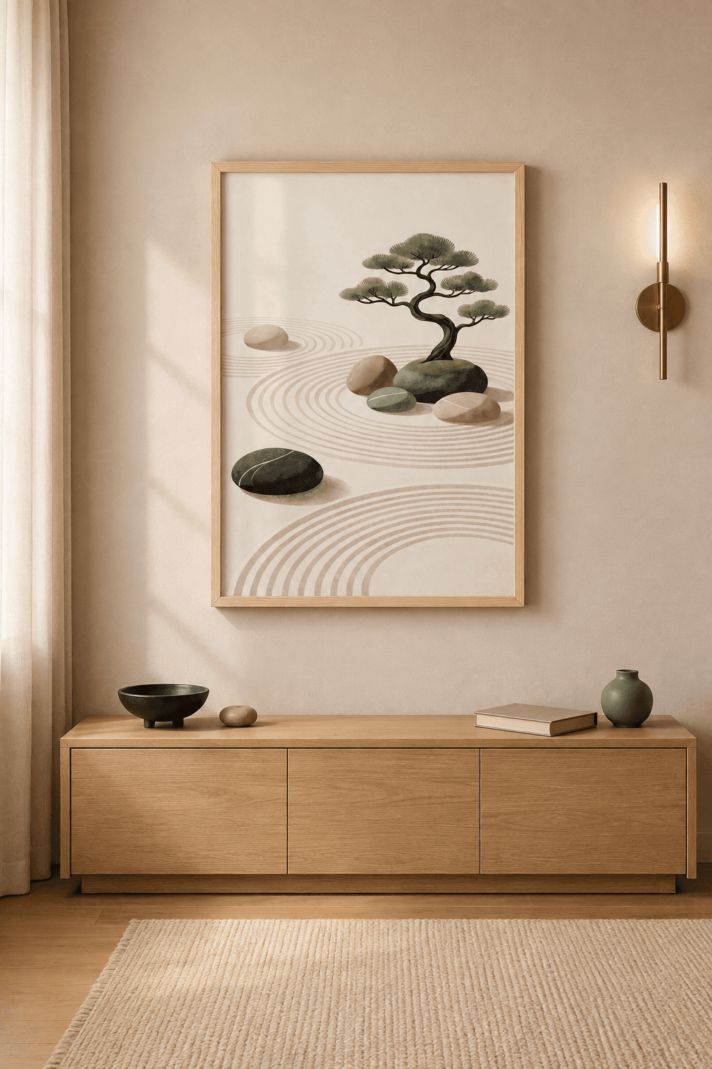 Ahşap çerçeveli zen tablosu — kum halkaları ortasında yosunlu kaya üzerinde bonsai ağacı ve çakıl taşları