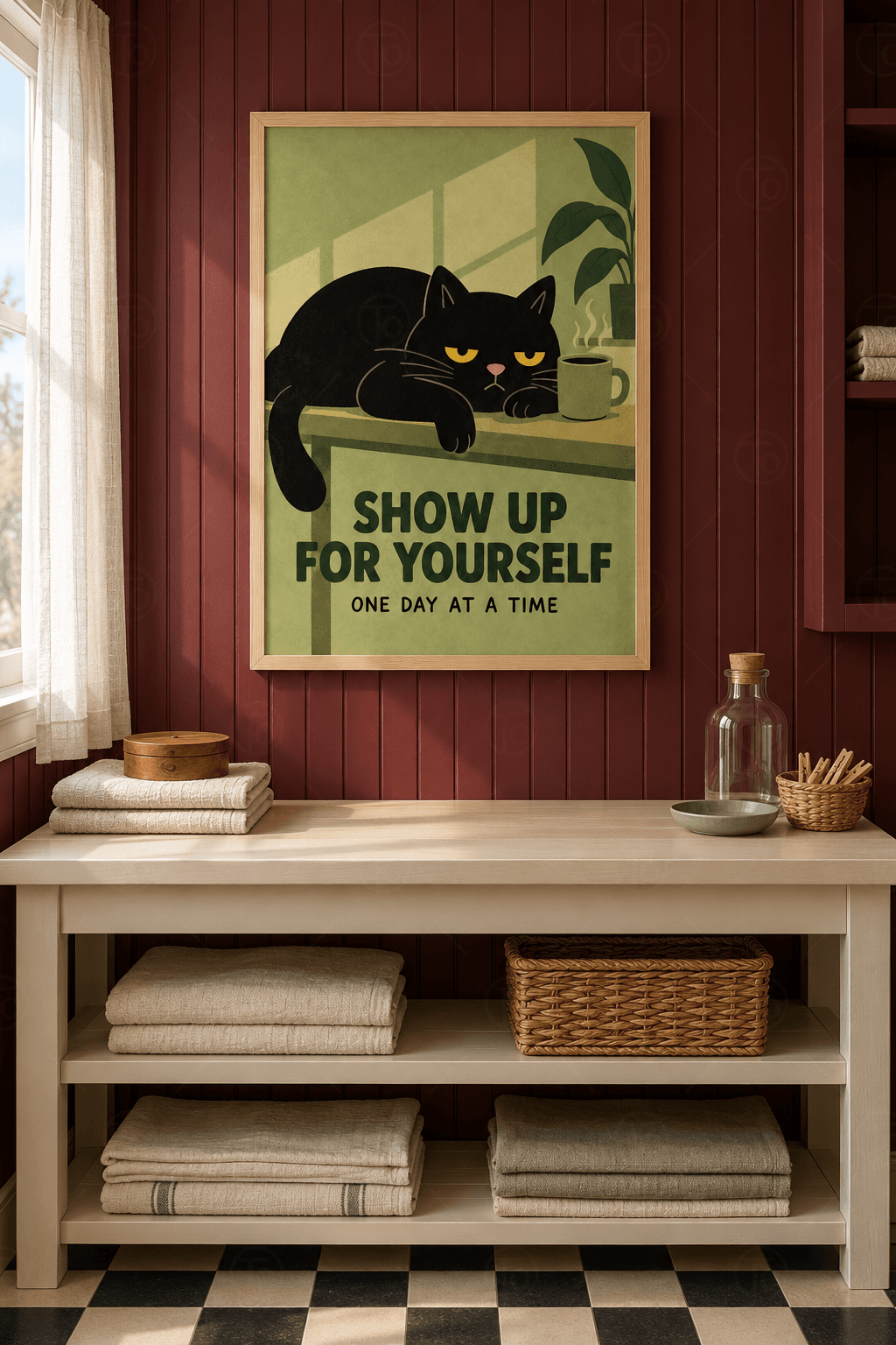 Ahşap çerçeveli motivasyon tablosu — adaçayı yeşili odada masaya yayılmış kara kedi, kupa ve Show Up For Yourself yazısı