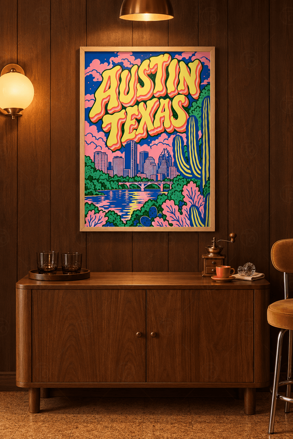 Ahşap çerçeveli seyahat tablosu — dalgalı sarı Austin Texas yazısı, pembe gökdelenler, köprülü nehir ve çizgili kaktüs
