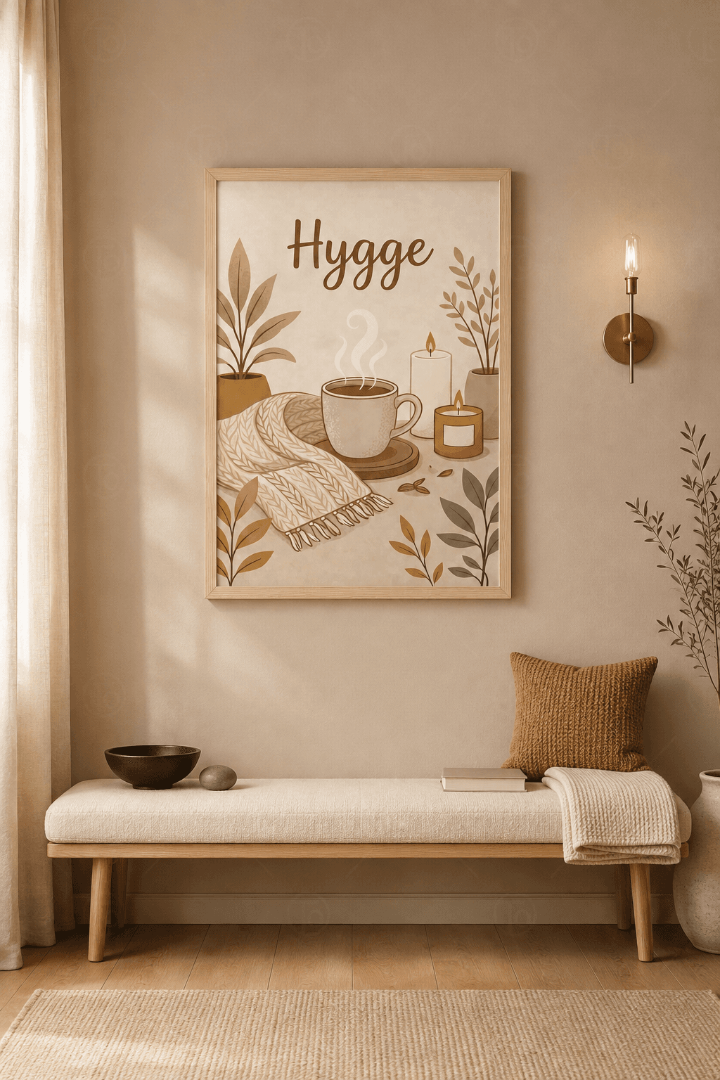 Ahşap çerçeveli tipografi tablosu — krem zeminde Hygge yazısı, buharı tüten fincan, mum ve örgü battaniye