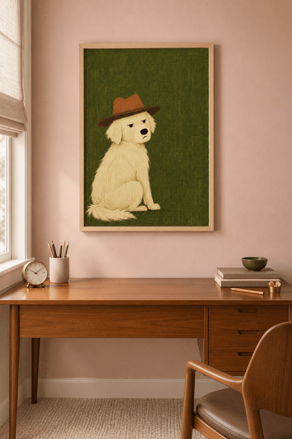 Ahşap çerçeveli köpek tablosu — zeytin yeşili zeminde kahverengi fötr şapkalı, kaşları çatık oturan krem köpek
