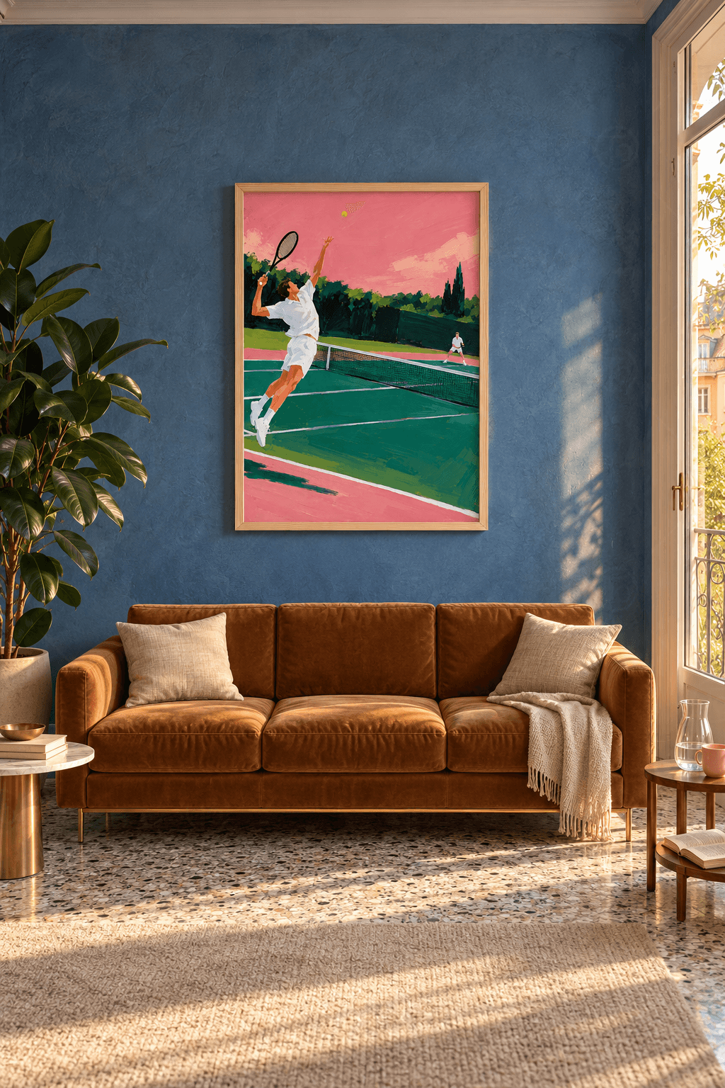 Ahşap çerçeveli tenis tablosu — pembe gökyüzü altında yeşil kortta sıçrayarak servis atan beyazlı tenisçi