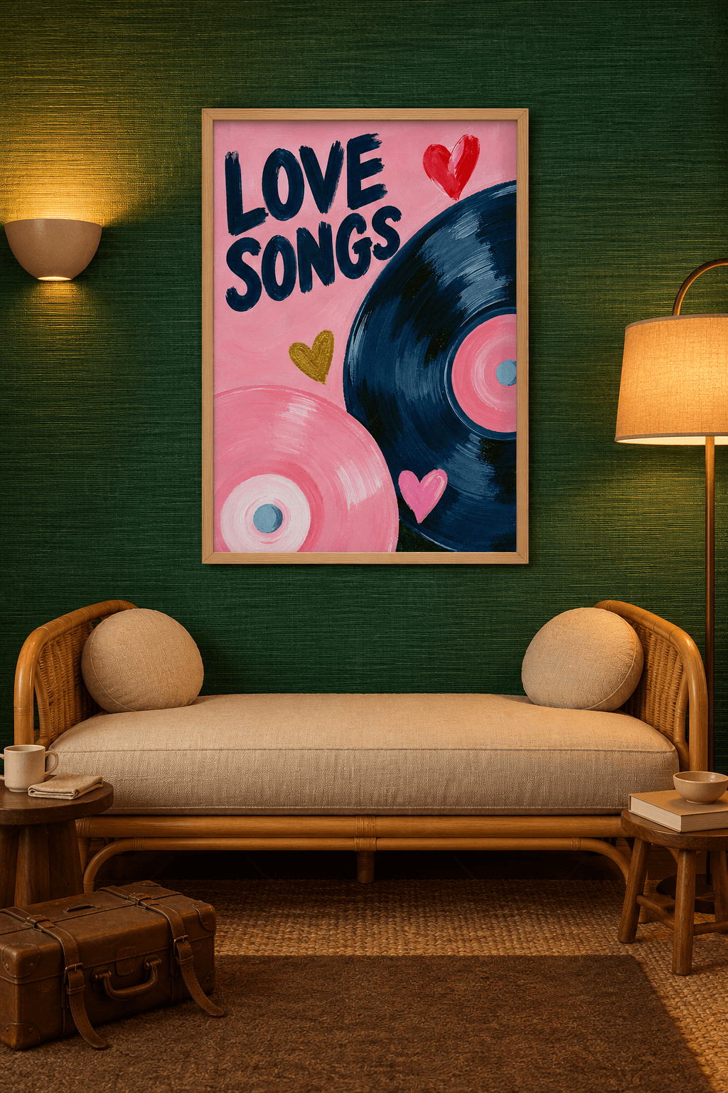 Ahşap çerçeveli plak tablosu — pembe zeminde lacivert LOVE SONGS yazısı, lacivert ve pembe iki plak, üç küçük kalp
