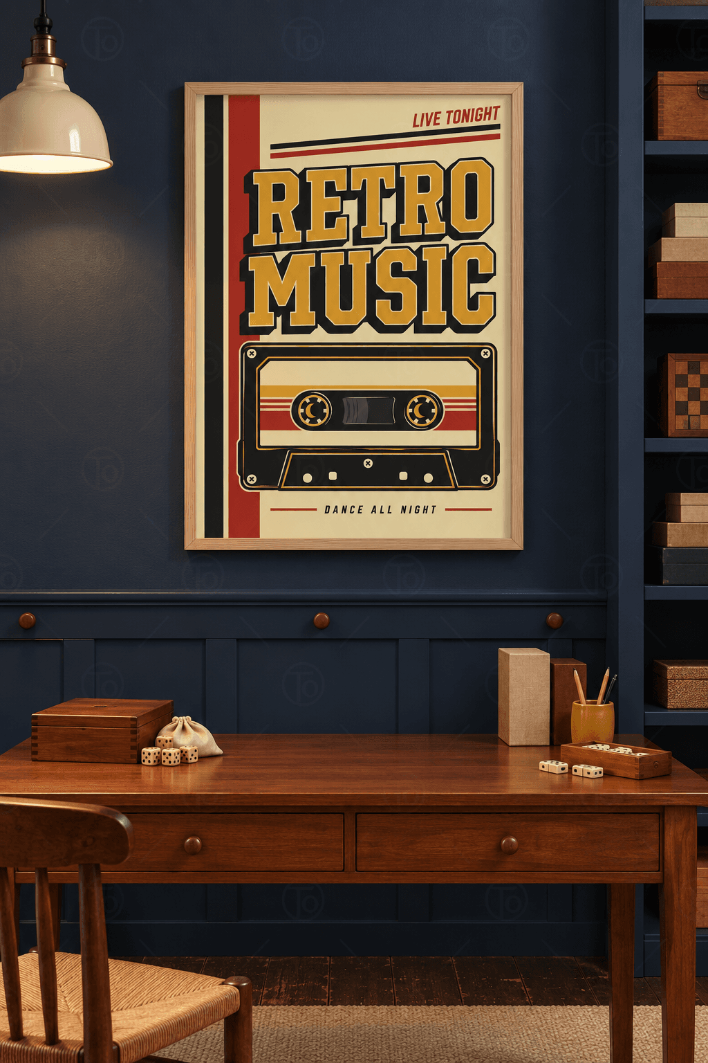 Ahşap çerçeveli müzik tablosu — krem zeminde hardal sarısı RETRO MUSIC yazısı, siyah kaset ve kırmızı-siyah şeritler