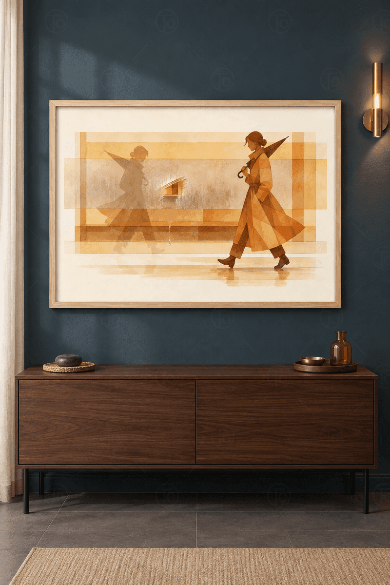 Ahşap çerçeveli modern tablo — amber trençkotlu şemsiyeli kadın ve buzlu cam duvardaki soluk yansıması