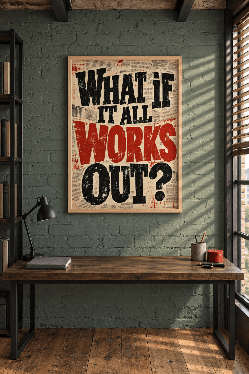 Ahşap çerçeveli motivasyon tablosu — gazete kolajında siyah ve kırmızı harflerle What If It All Works Out? yazısı