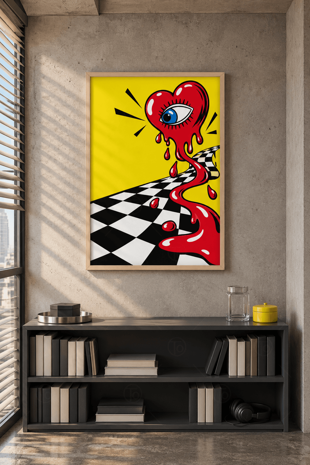 Ahşap çerçeveli pop art kalp tablosu — sarı zeminde tek mavi gözlü kırmızı kalp damalı yola eriyor