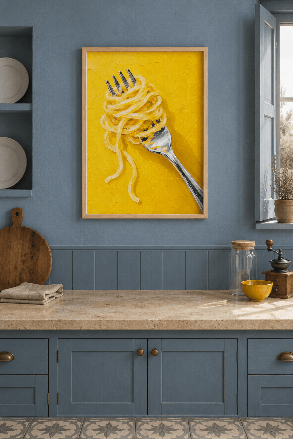 Ahşap çerçeveli spagetti tablosu — hardal sarısı fırça dokulu zeminde gümüş çatala sarılmış spagetti