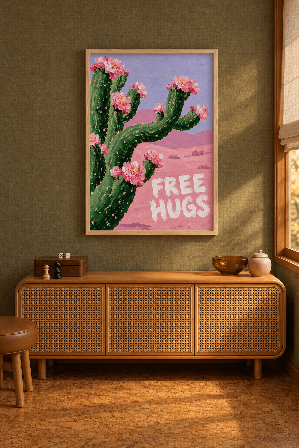Ahşap çerçeveli kaktüs tablosu — pembe çöl önünde pembe çiçekli dikenli kaktüs ve beyaz Free Hugs yazısı