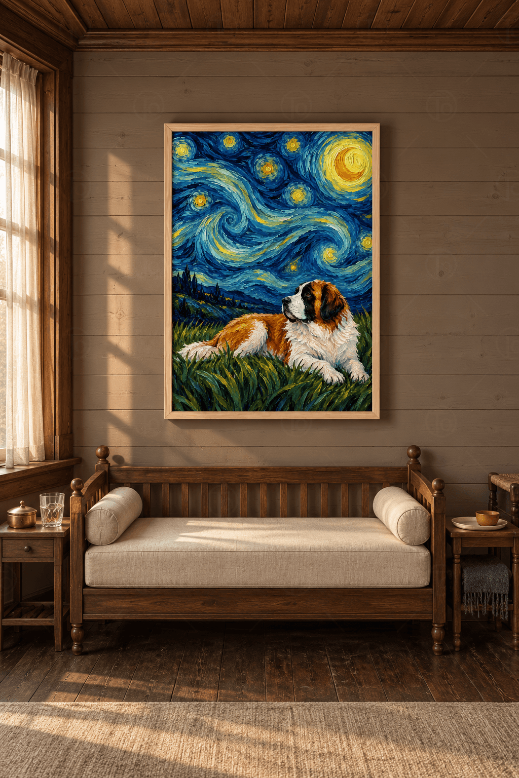 Ahşap çerçeveli köpek tablosu — kıvrımlı mavi girdaplı yıldızlı gök altında uzun çimenlere uzanmış Saint Bernard