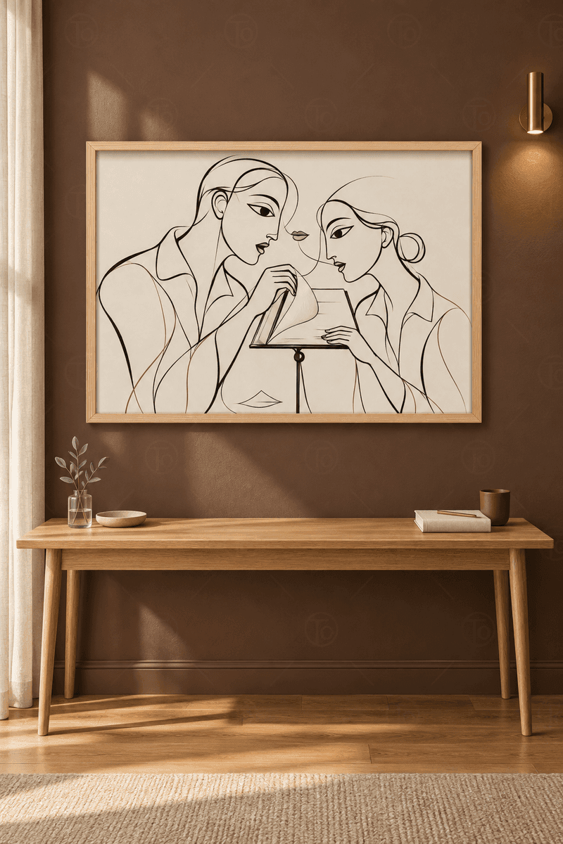 Ahşap çerçeveli line art tablosu — krem zeminde tek çizgiyle iki profil, açık kitap ve sayfayı çeviren el