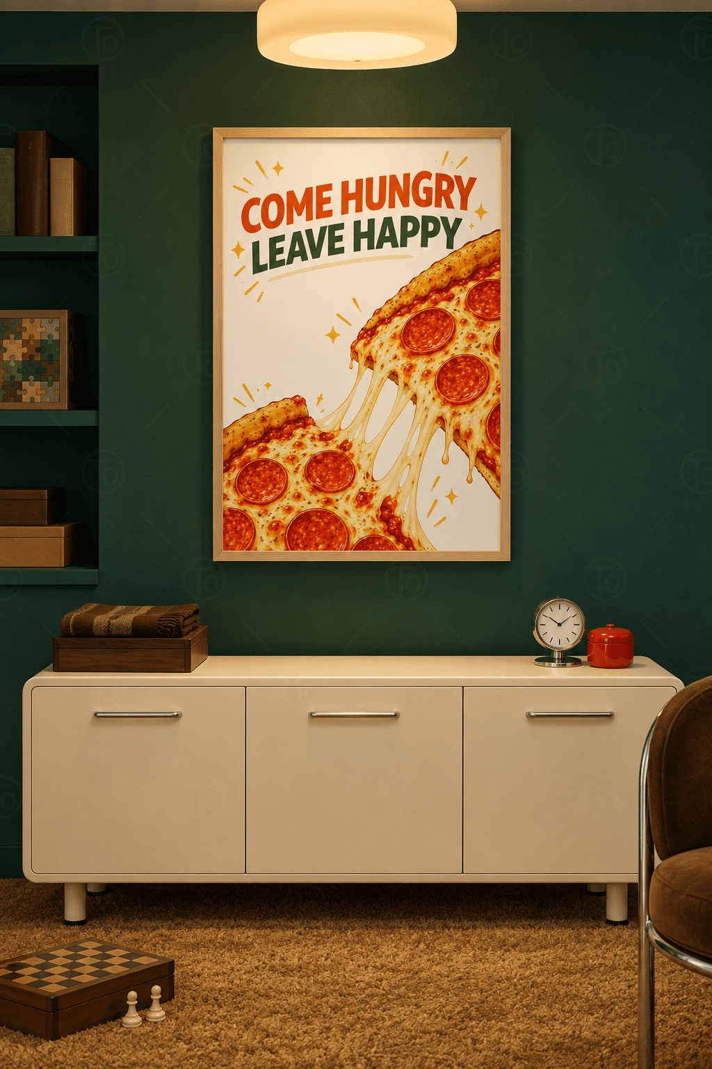 Ahşap çerçeveli pizza tablosu — beyaz zeminde Come Hungry Leave Happy yazısı ve peyniri uzayan pepperonili pizza parçaları