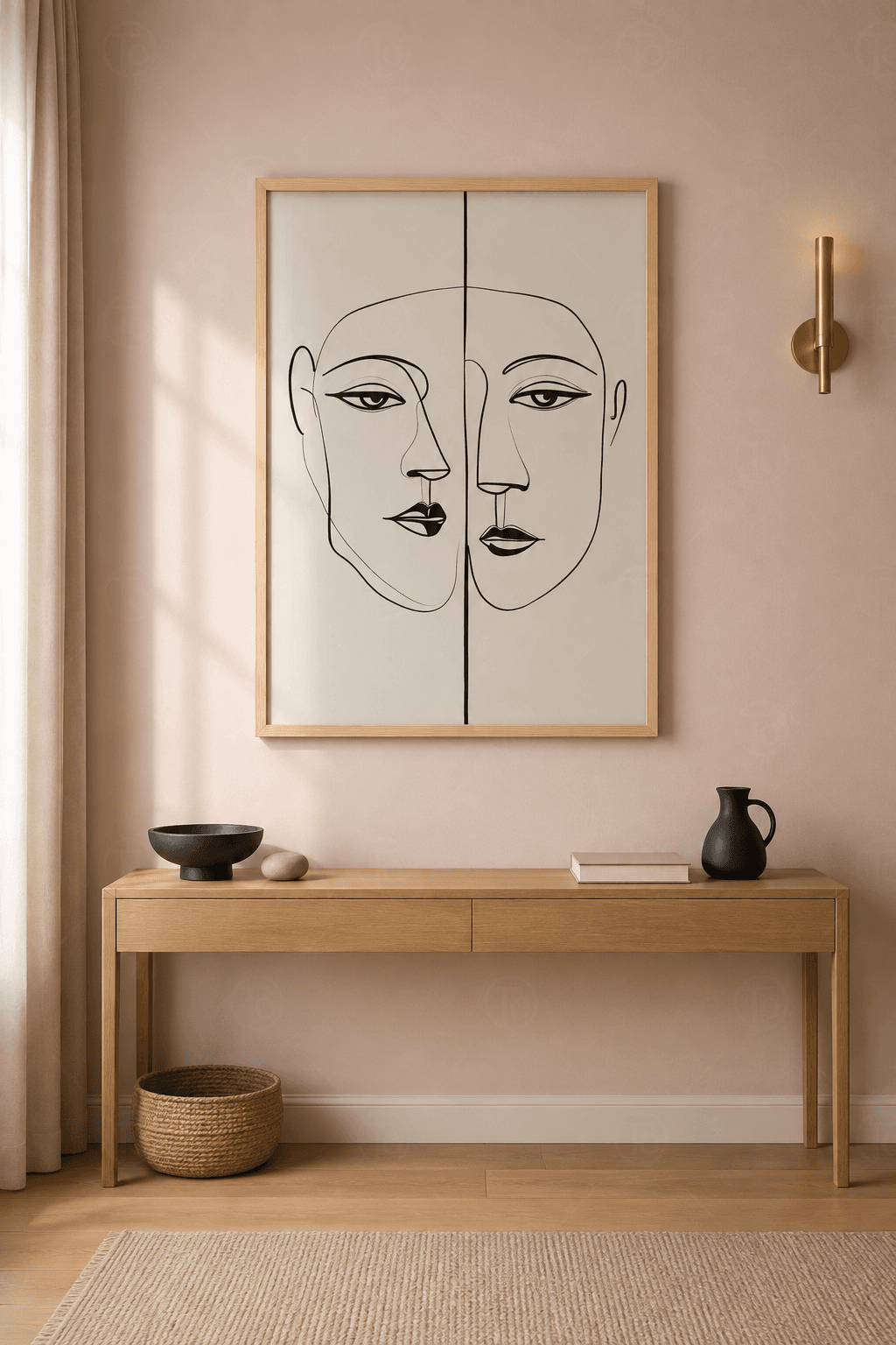 Ahşap çerçeveli line art tablo — krem zeminde siyah konturlu kadın yüzü ve saçının yerinde açan papatyalar ve yaprak dalları